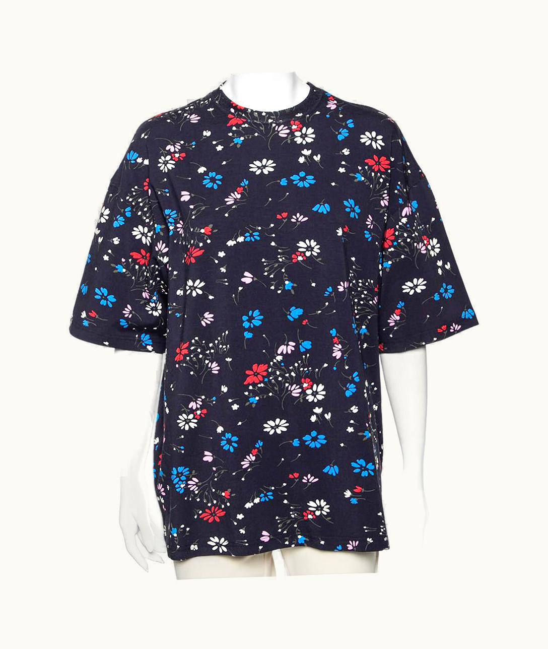 Balenciaga Balenciaga Navy Blue Floral Printed Cotton Oversized Short Sleeve T-Shirt