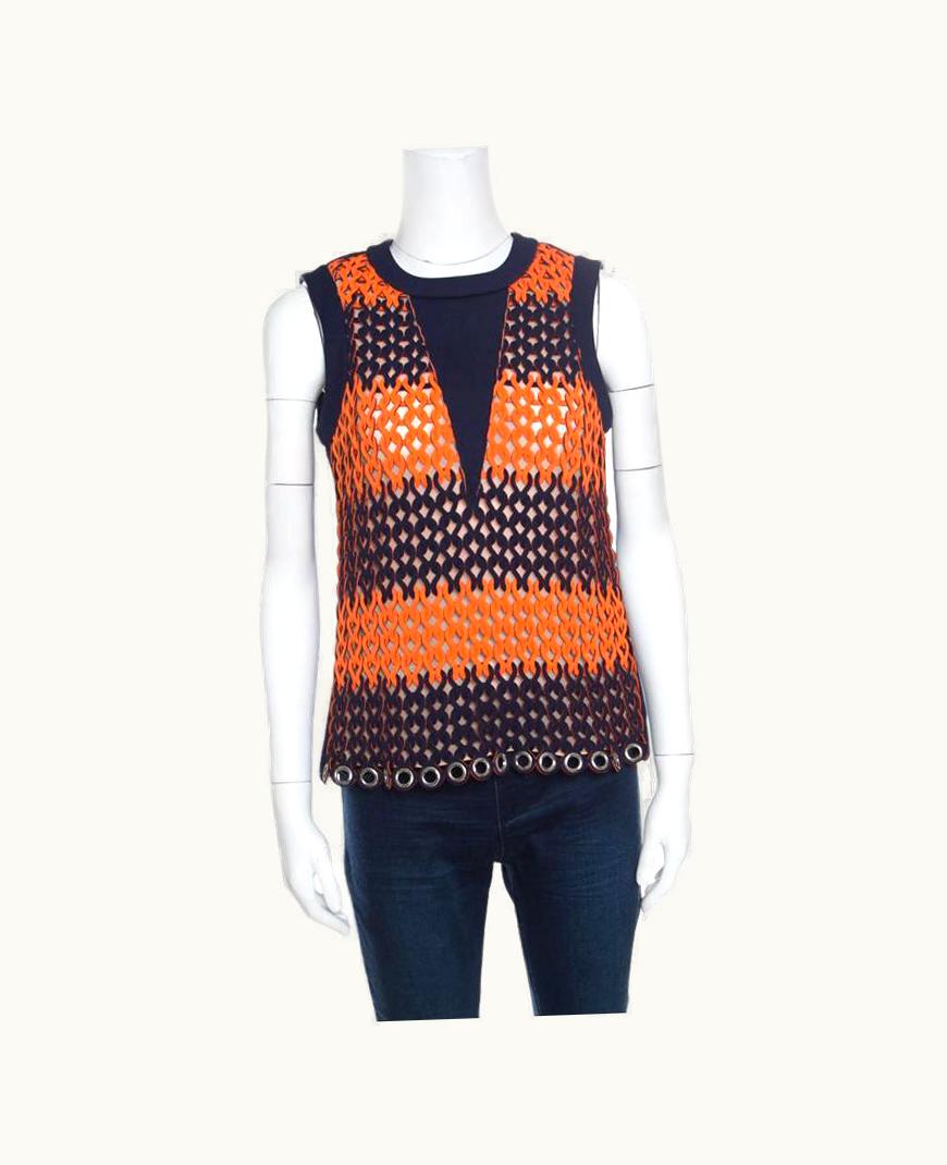 Balenciaga Balenciaga Blue And Neon Orange Open Loop Weave Detail Sleeveless Top