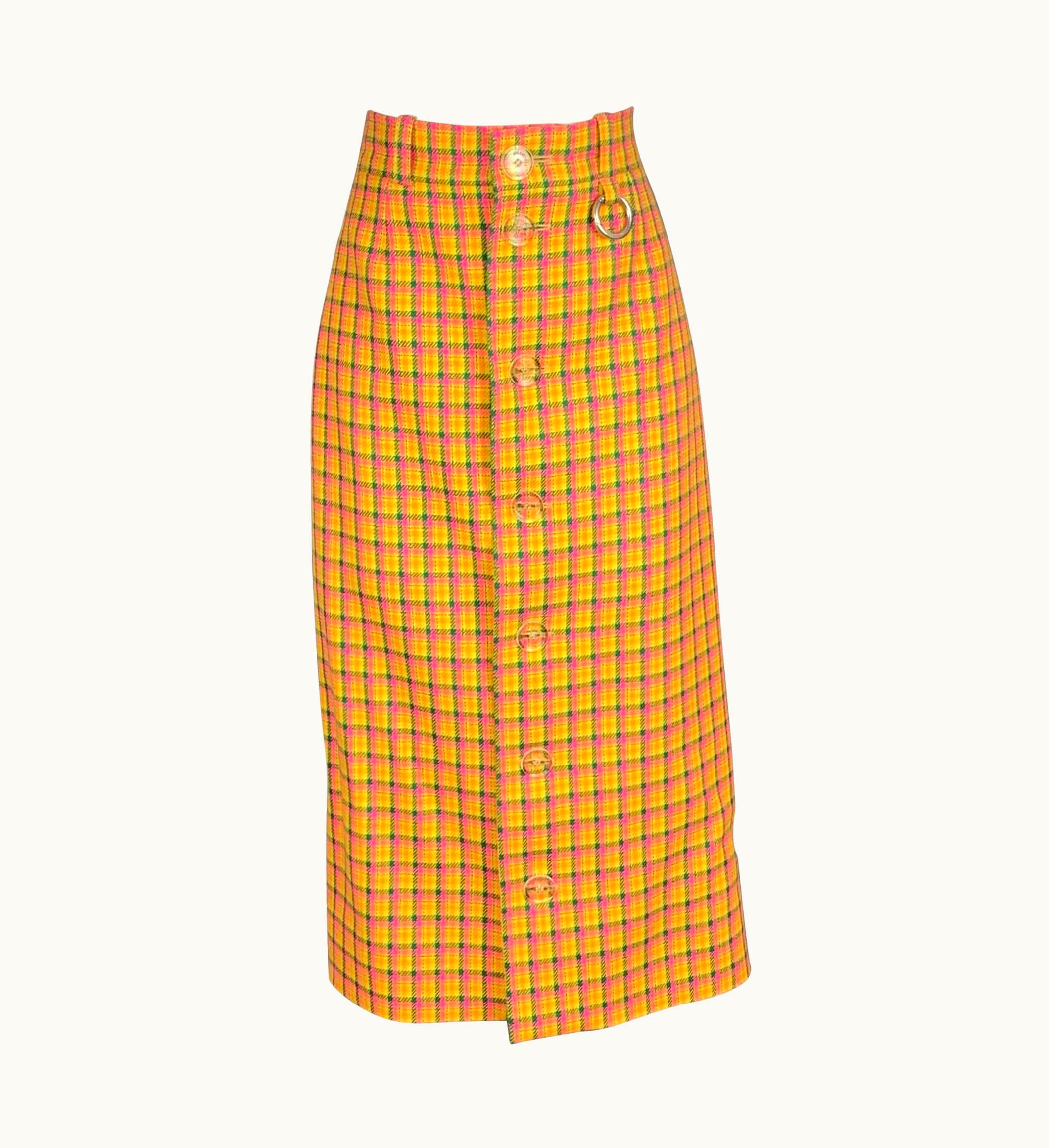 Balenciaga Balenciaga AW 2018 Yellow & Pink Check Print Wool S/S Viscose Skrit