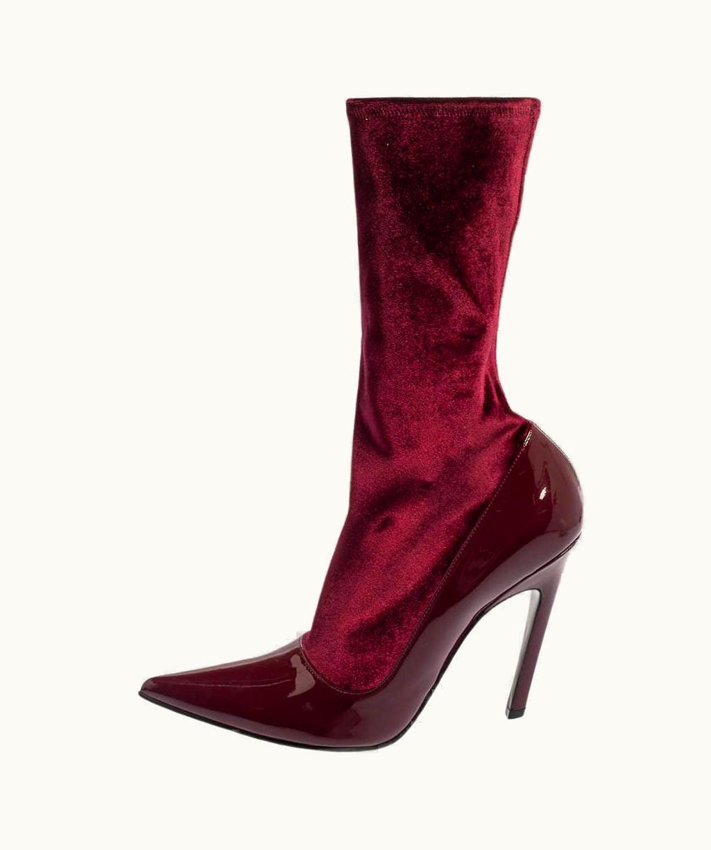 Balenciaga Balenciaga Burgundy Velvet And Patent Leather Knife Mid Calf Boots
