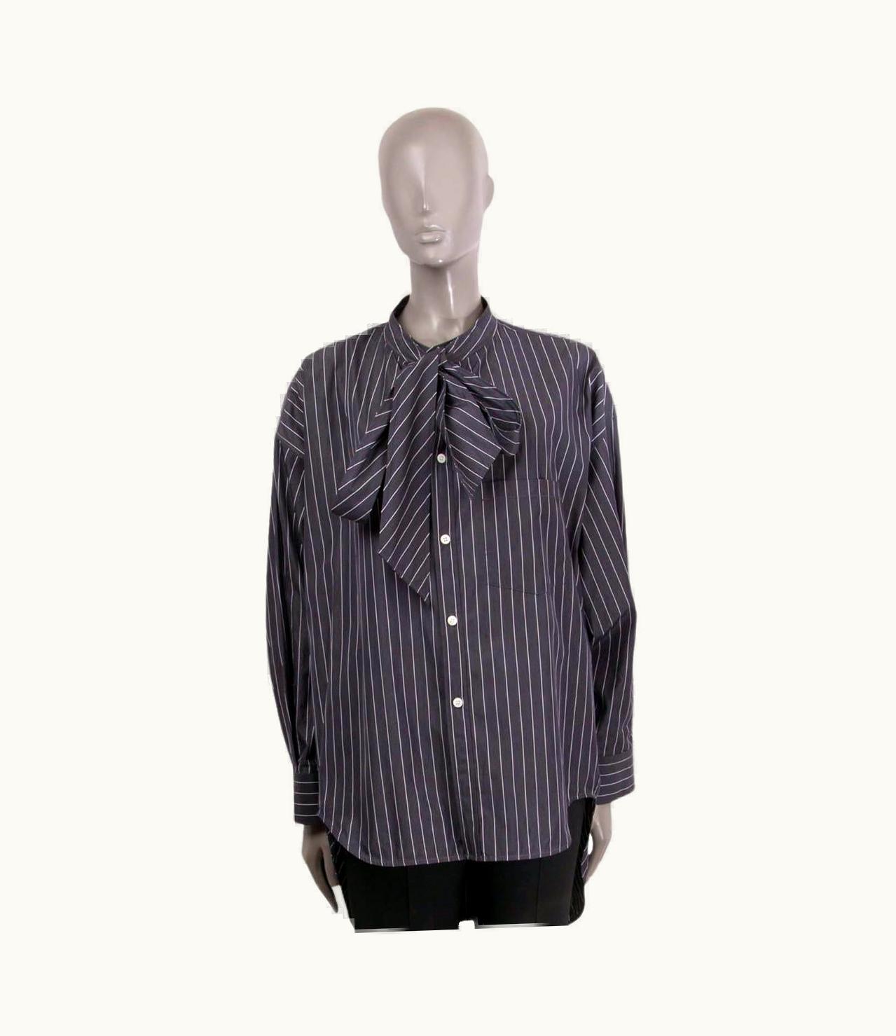 Balenciaga Balenciaga Grey Cotton Swing Striped Pussy Bow Blouse Shirt