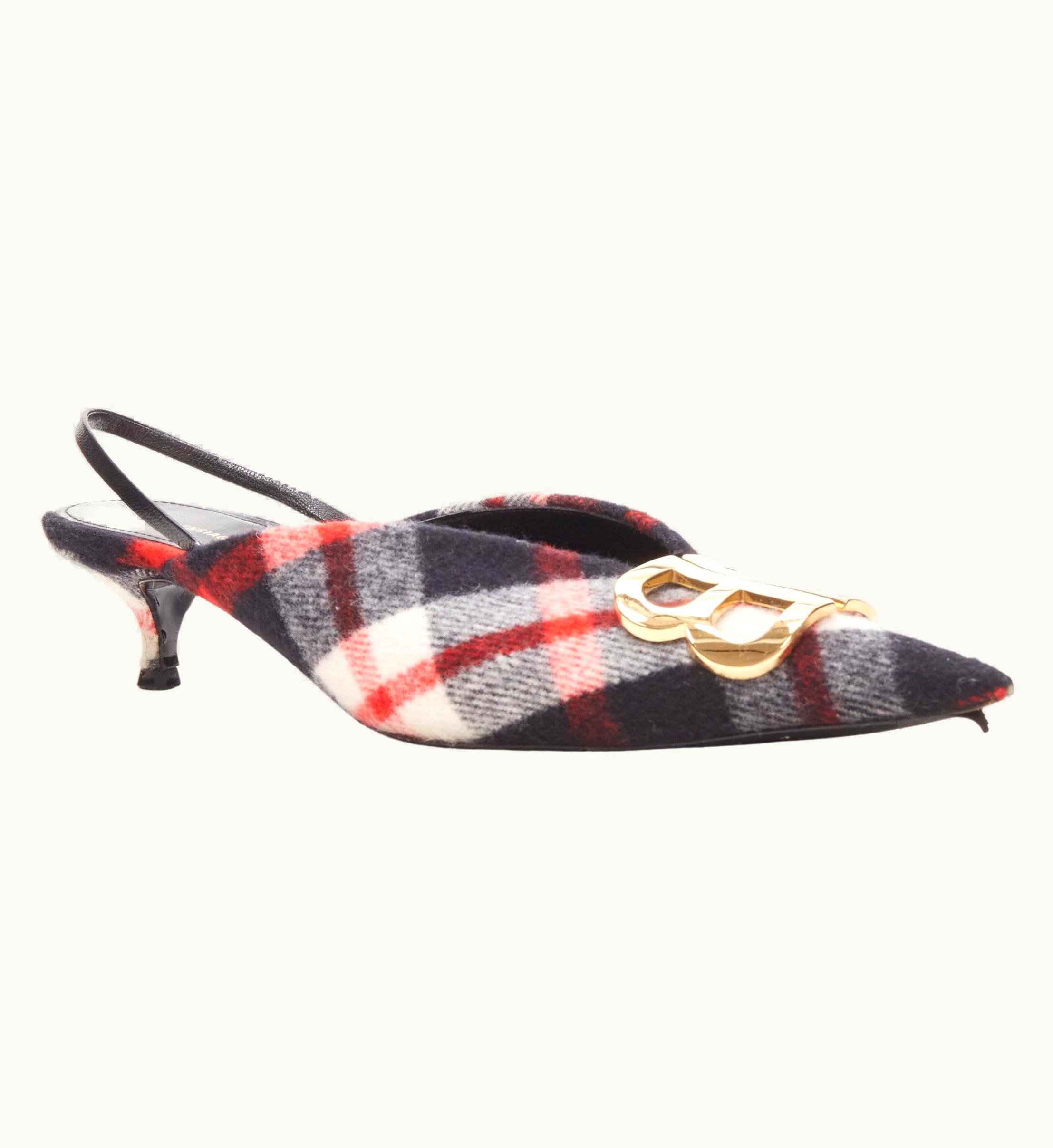 Balenciaga Balenciaga Bb Knife Gold Logo Red Black Plaid Wool Sling Kitten Pump