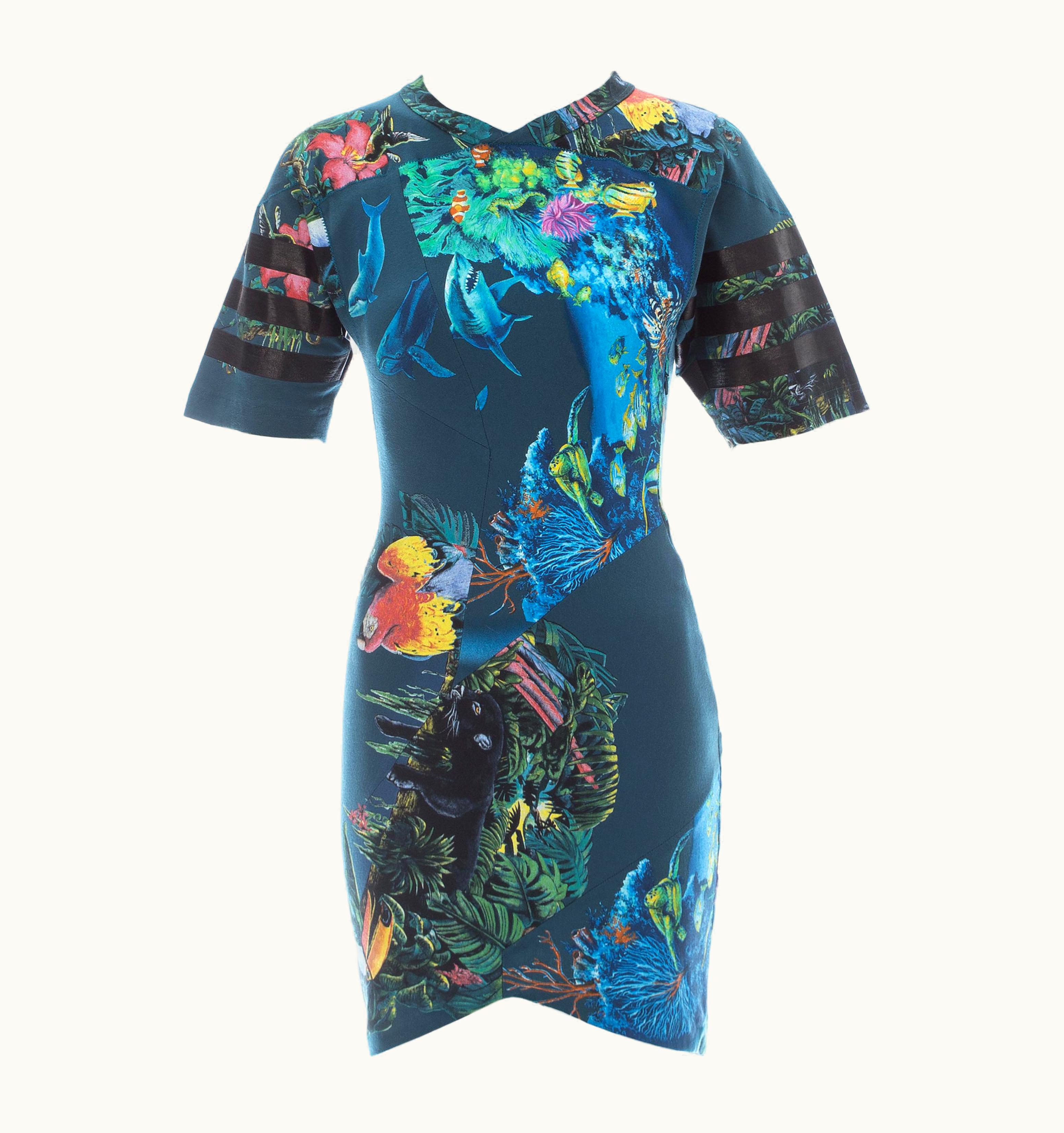 Balenciaga Balenciaga Teal Cotton Mini Dress With Aquatic And Jungle Themed Print, S/S 2003