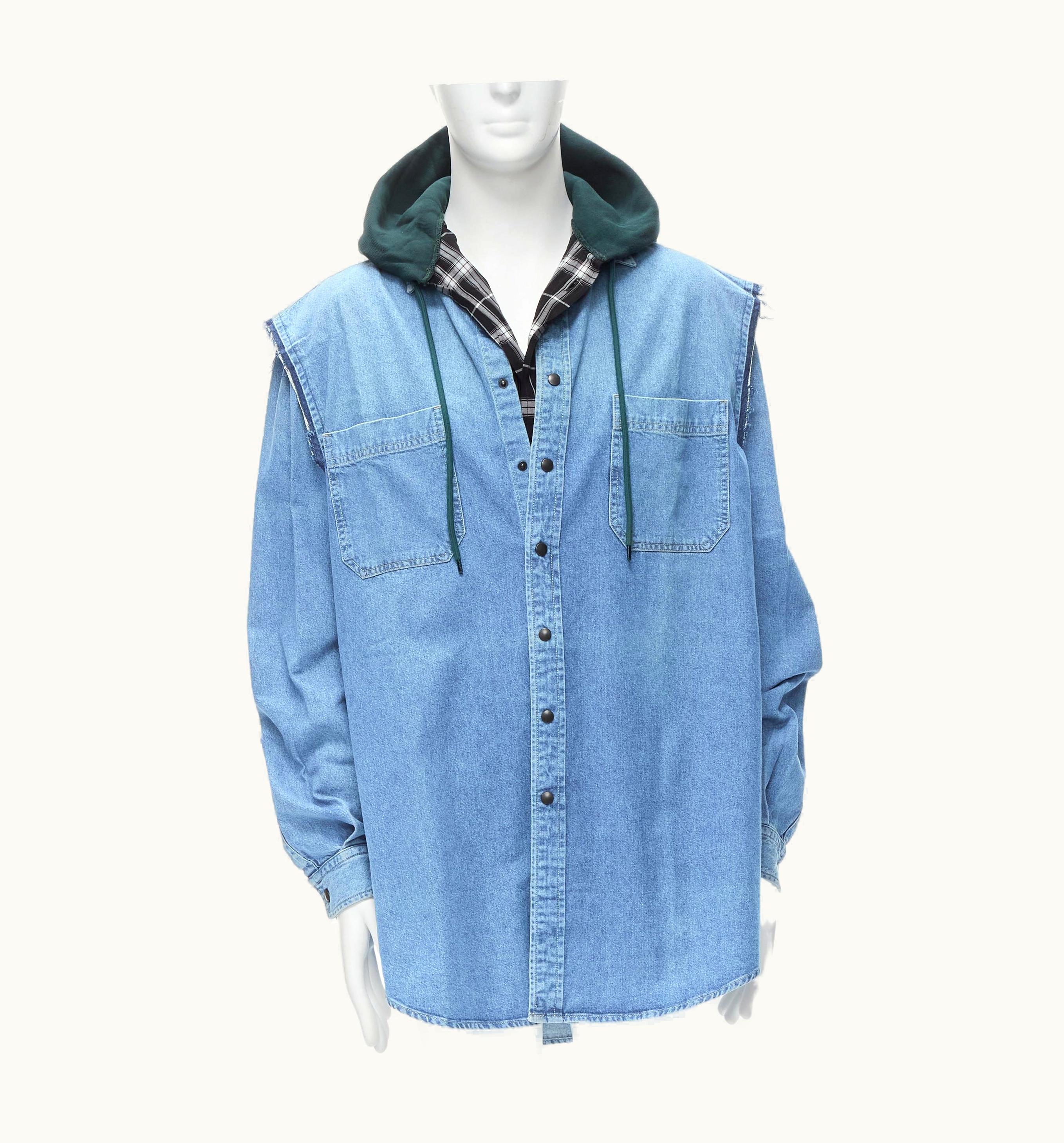 Balenciaga Balenciaga Demna 2018 Twinset 2 Layered Washed Denim Cotton Hooded Shirt