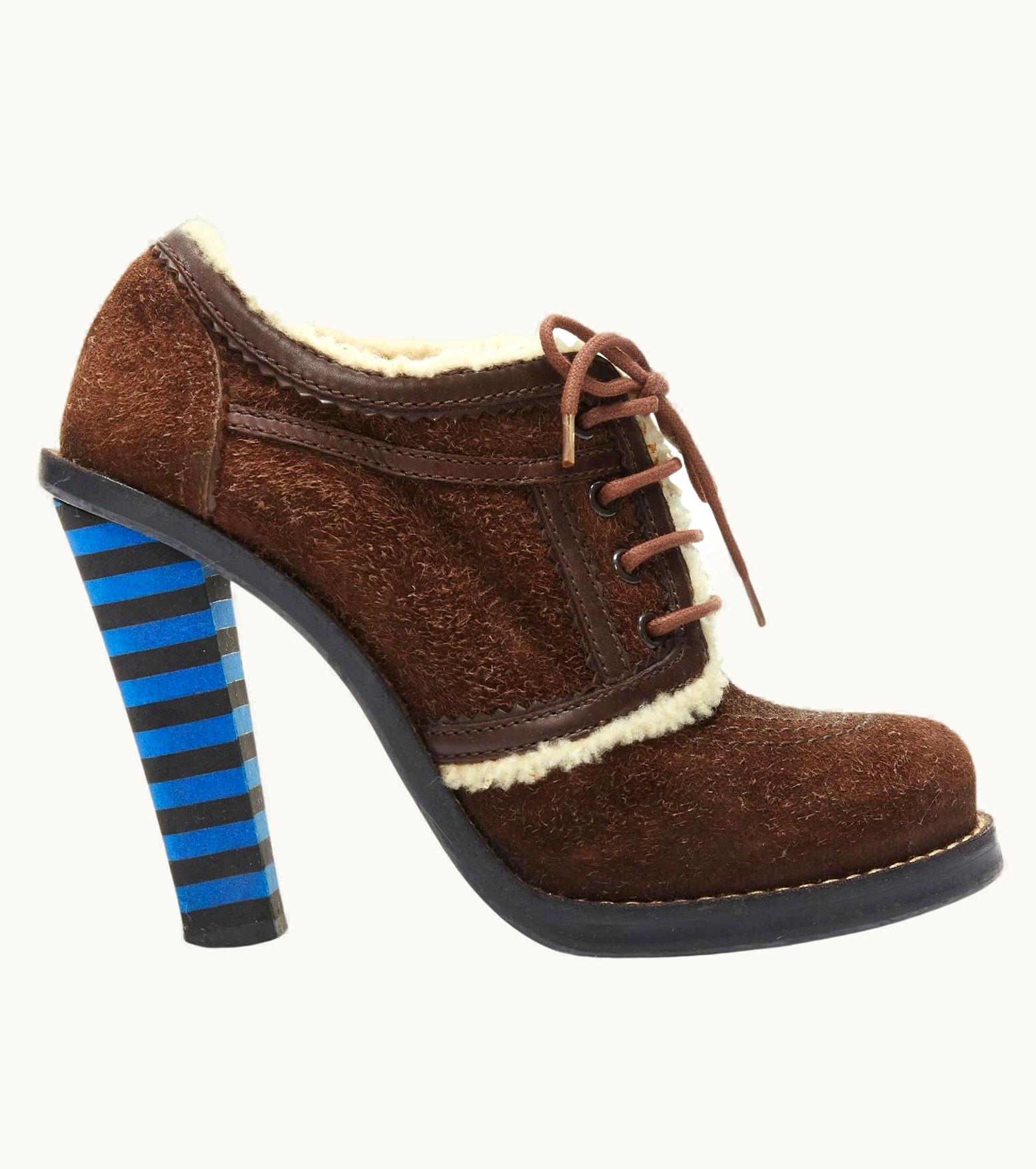 Balenciaga Balenciaga Brown Suede Shearling Lace-up Ankle Boot Blue Chunky Strip Heel