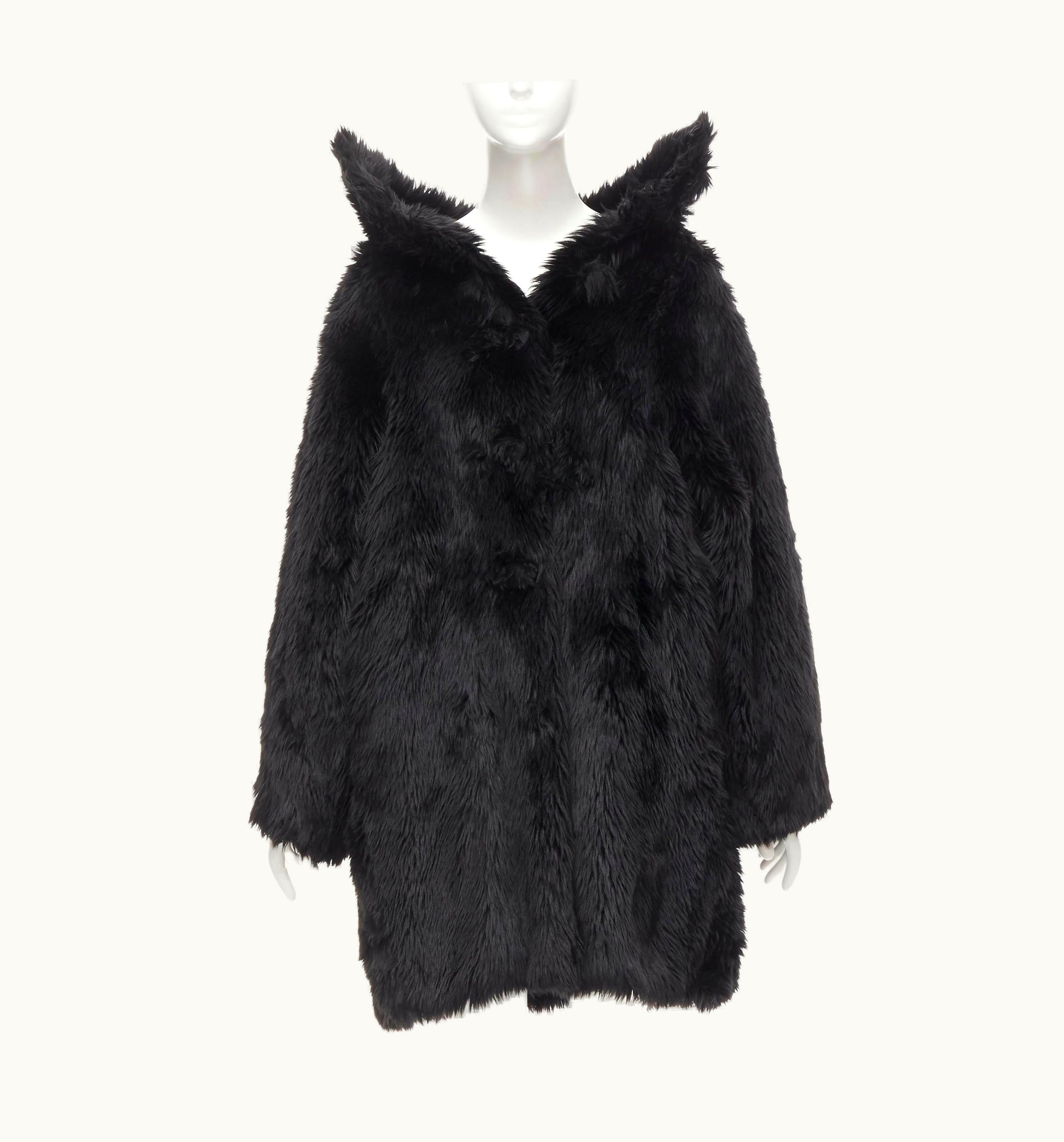 Balenciaga Runway Balenciaga Demna 2019 Runway Black Faux Fur Swing Off Shoulder Coat
