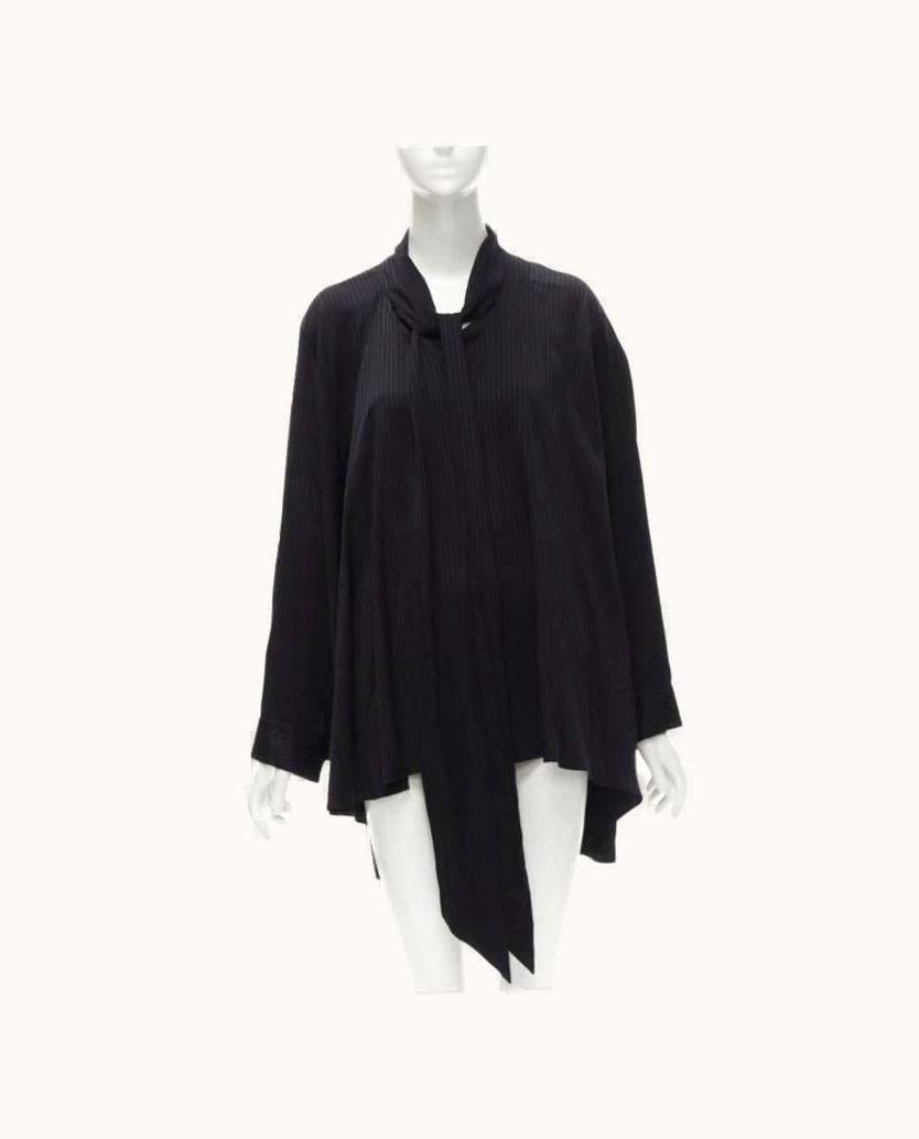 Balenciaga Balenciaga 2020 Demna Black Striped Pussy Bow Cascade Hem Oversized Shirt UZ0588871