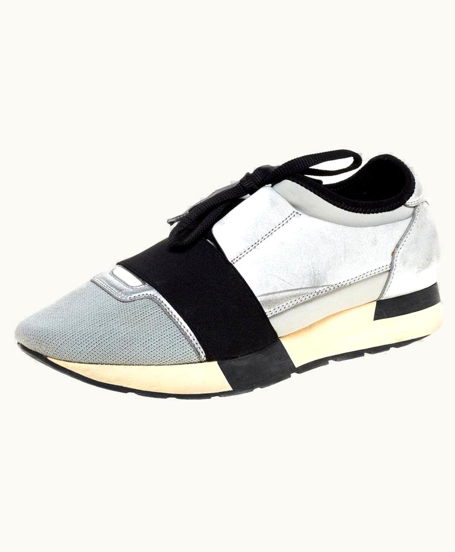 Balenciaga Balenciaga Grey/Silver Leather And Fabric Race Runner Low Top Sneakers