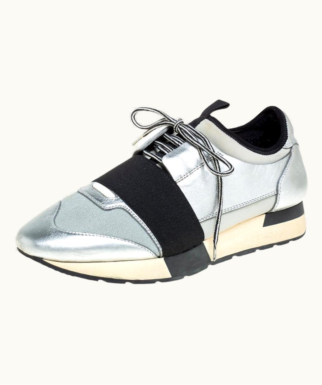 Balenciaga Balenciaga Silver Leather And Knit Fabric Race Runner Low Top Sneakers