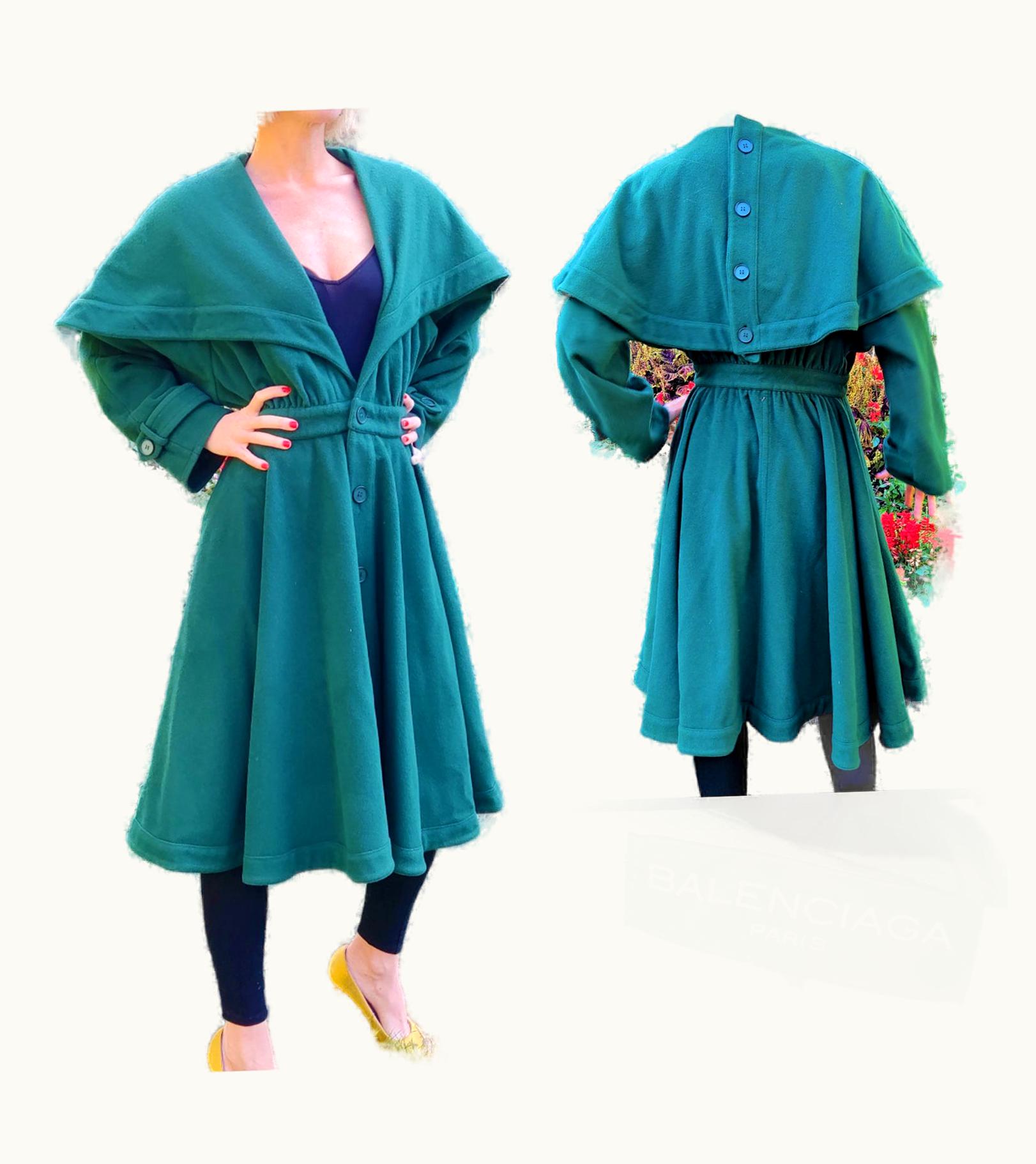 Balenciaga Balenciaga Evening Ball Gown Wool Cashmere Wasp Waist 80s Green Jacket Coat