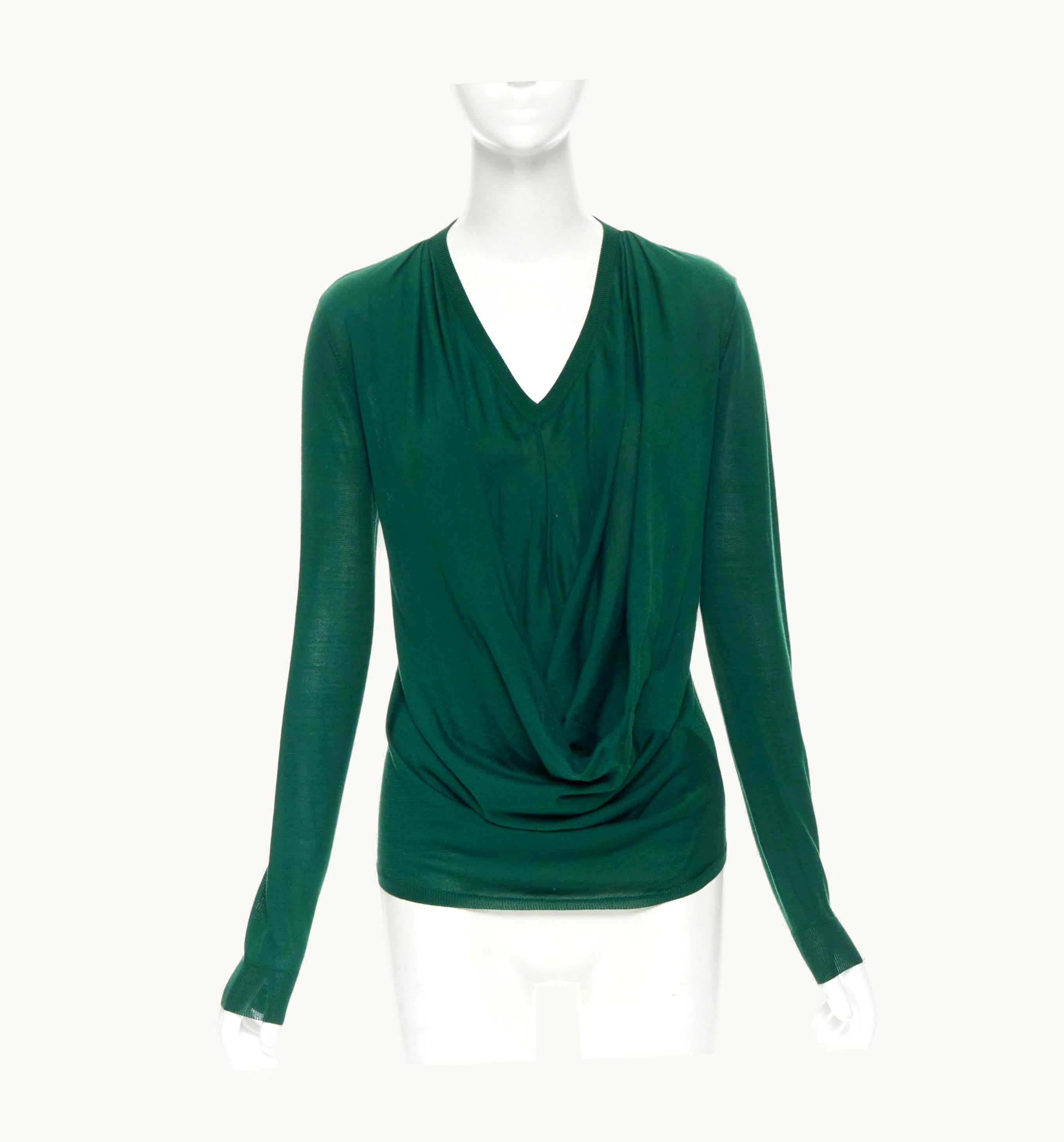 Balenciaga Balenciaga Knits Kelly Green V-neck Draped Front Long Sleeve Sweater Top