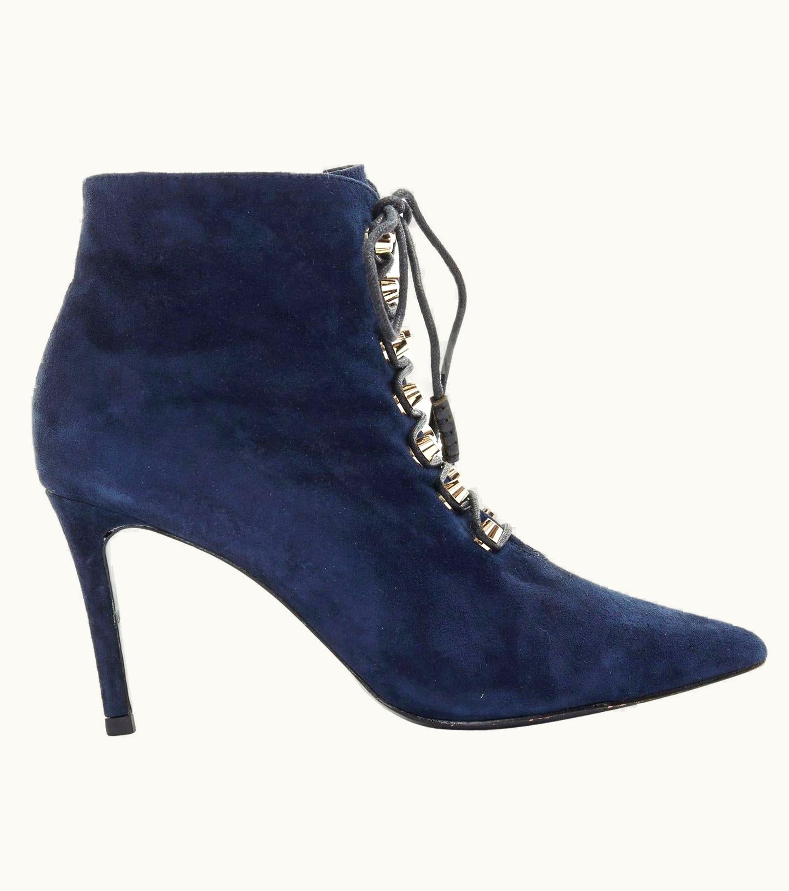 Balenciaga Balenciaga Navy Blue Suede Gold-tone Stud Lace Up Point Toe Ankle Bootie
