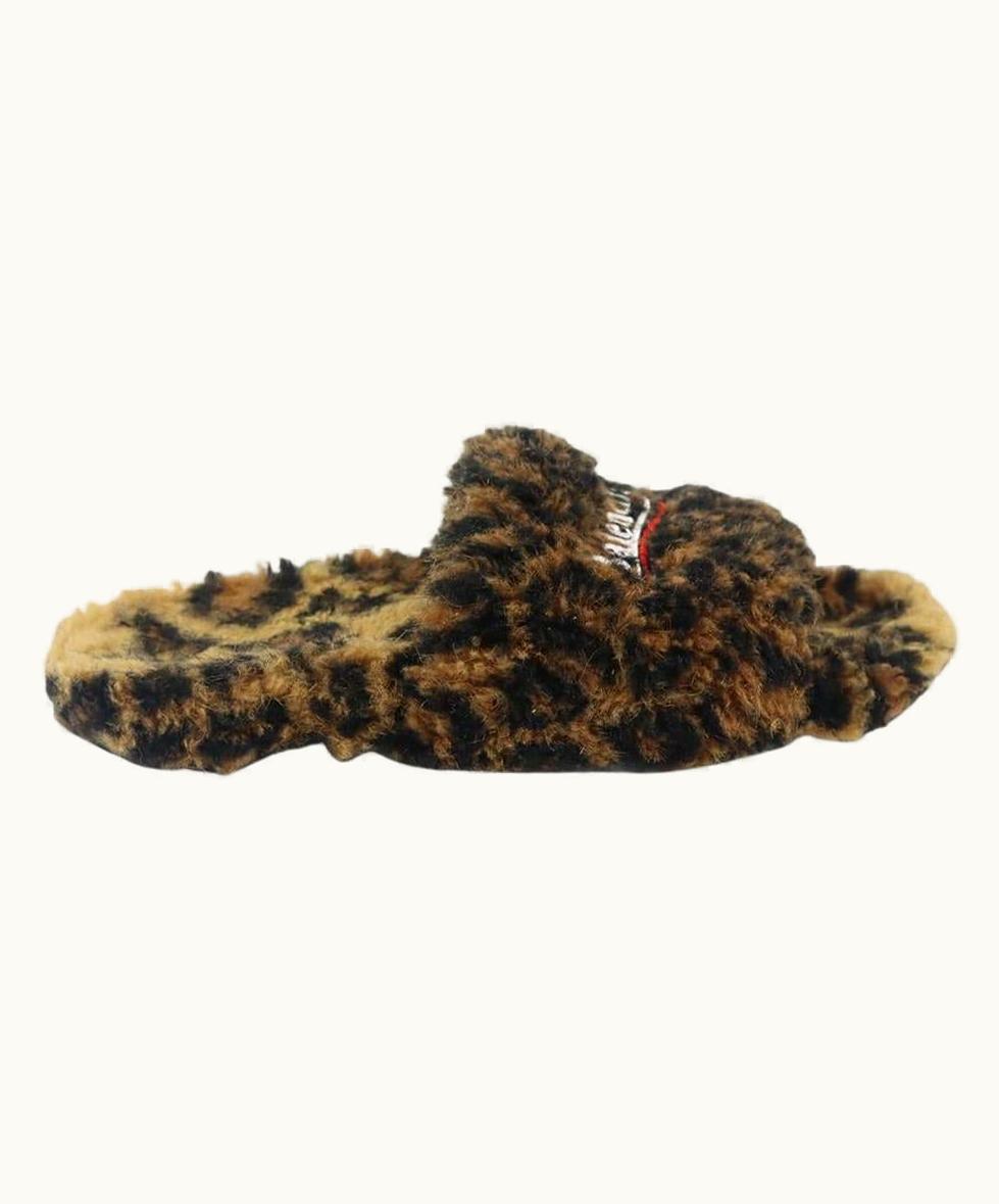 Balenciaga Balenciaga Logo Embroidered Leopard Print Faux Shearling Slides Eu 38 Us