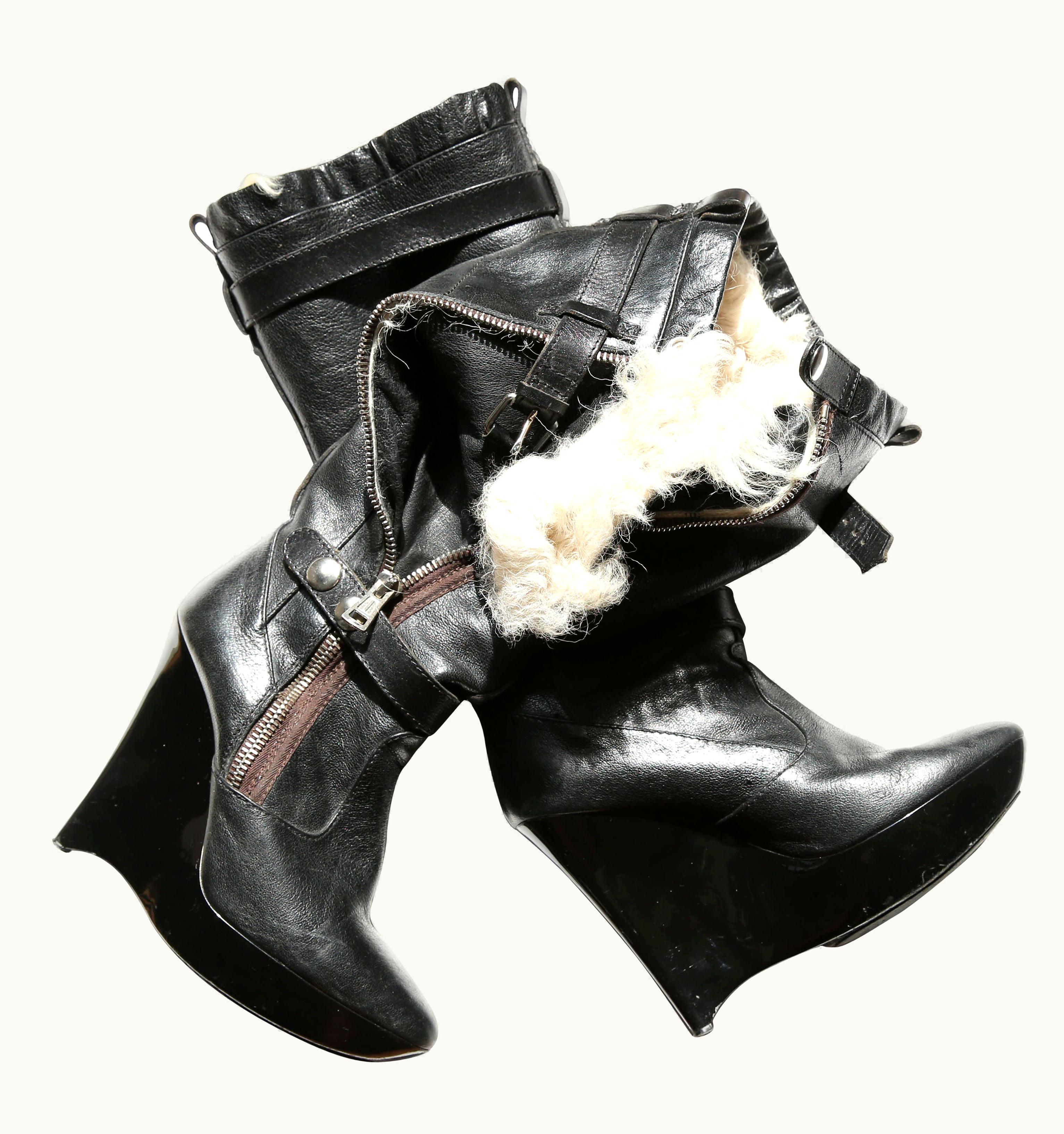 Balenciaga Balenciaga AW 04 Black Leather Shearling Fur Zip Platform Wedge Heels Boots