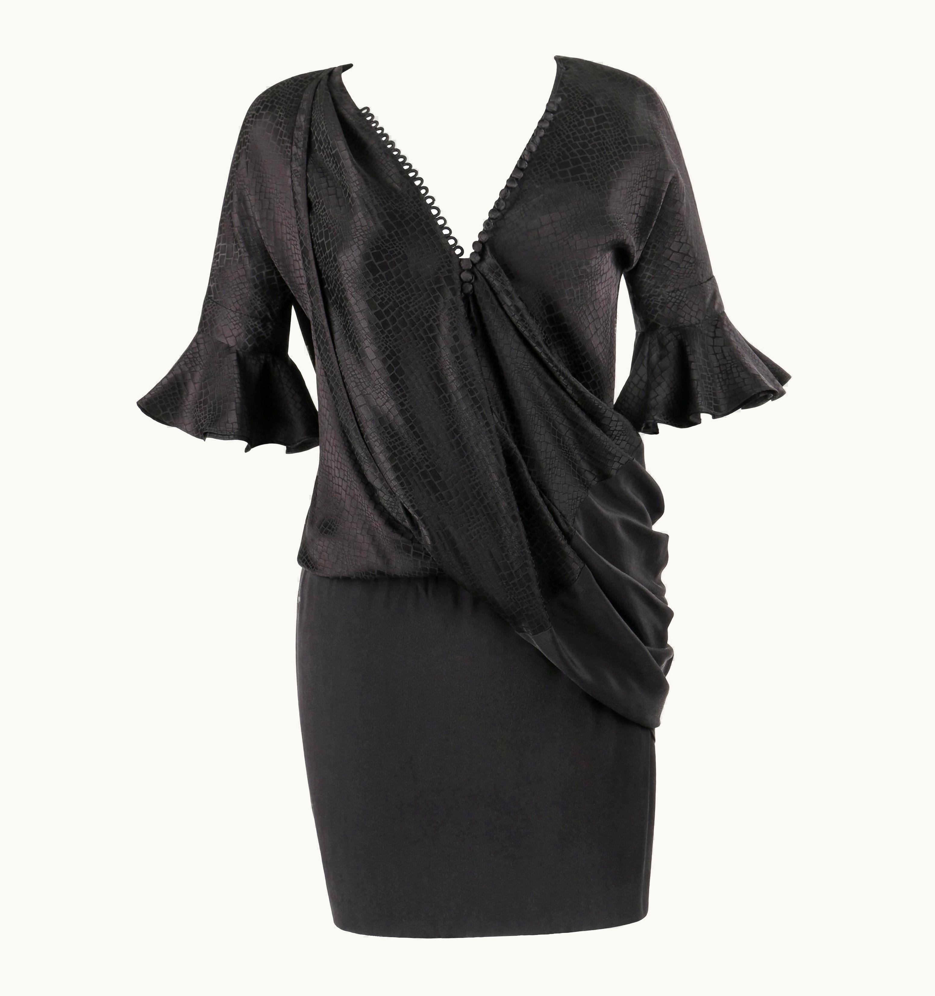Balenciaga Balenciaga Silk AW 2009 Black Crocodile Pattern Silk Side Draped Cocktail Dress