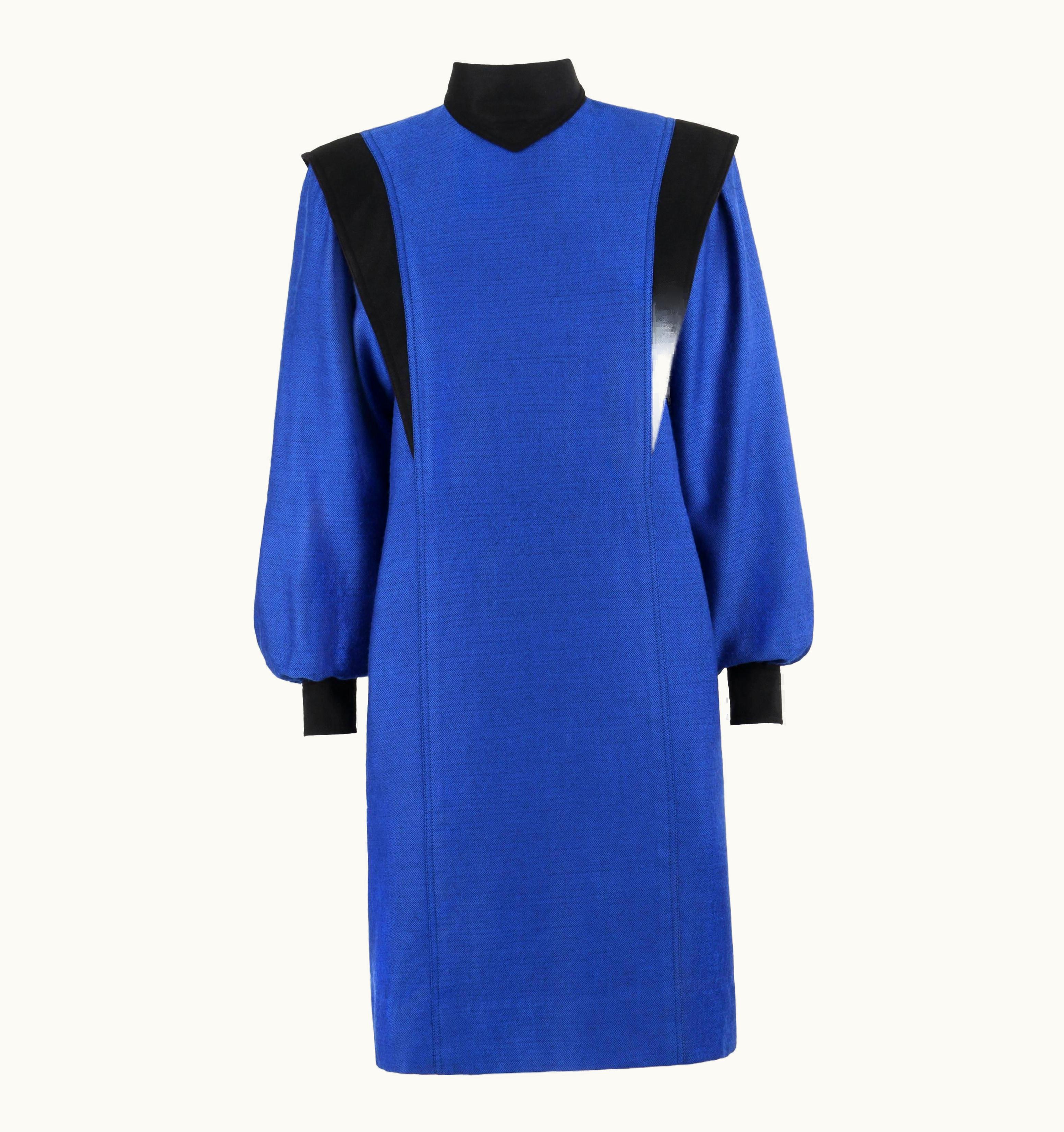 Balenciaga Balenciaga C.1980' Blue & Black Wool Herringbone Bishop Sleeve Shift Dress