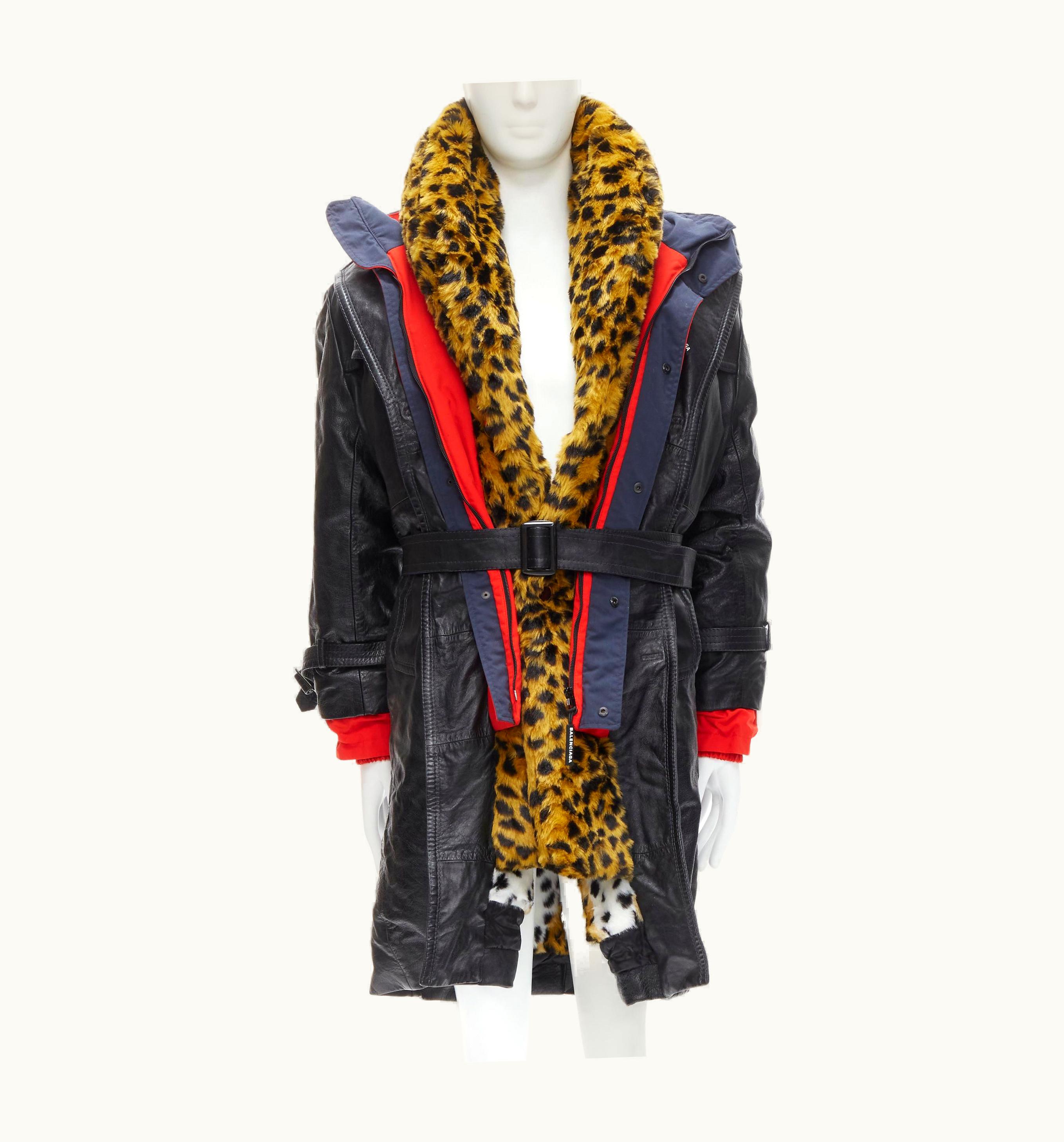 Balenciaga Balenciaga 2018 Ruway Triple Faux Layering Black Leather Leopard Fur Coat Xl