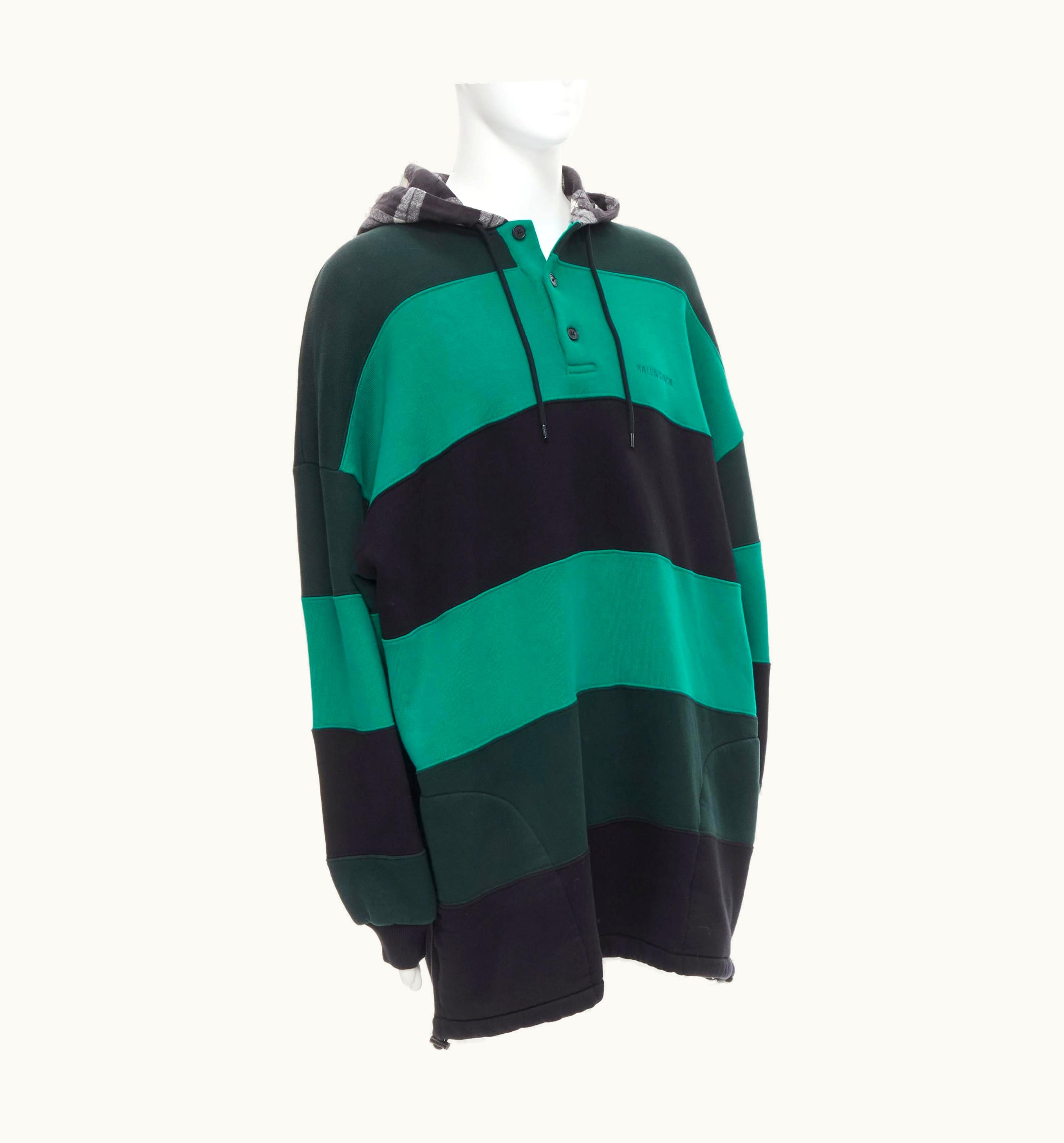 Balenciaga Balenciaga Demna Green Black Striped Patchwork Checked Hoodie Oversized