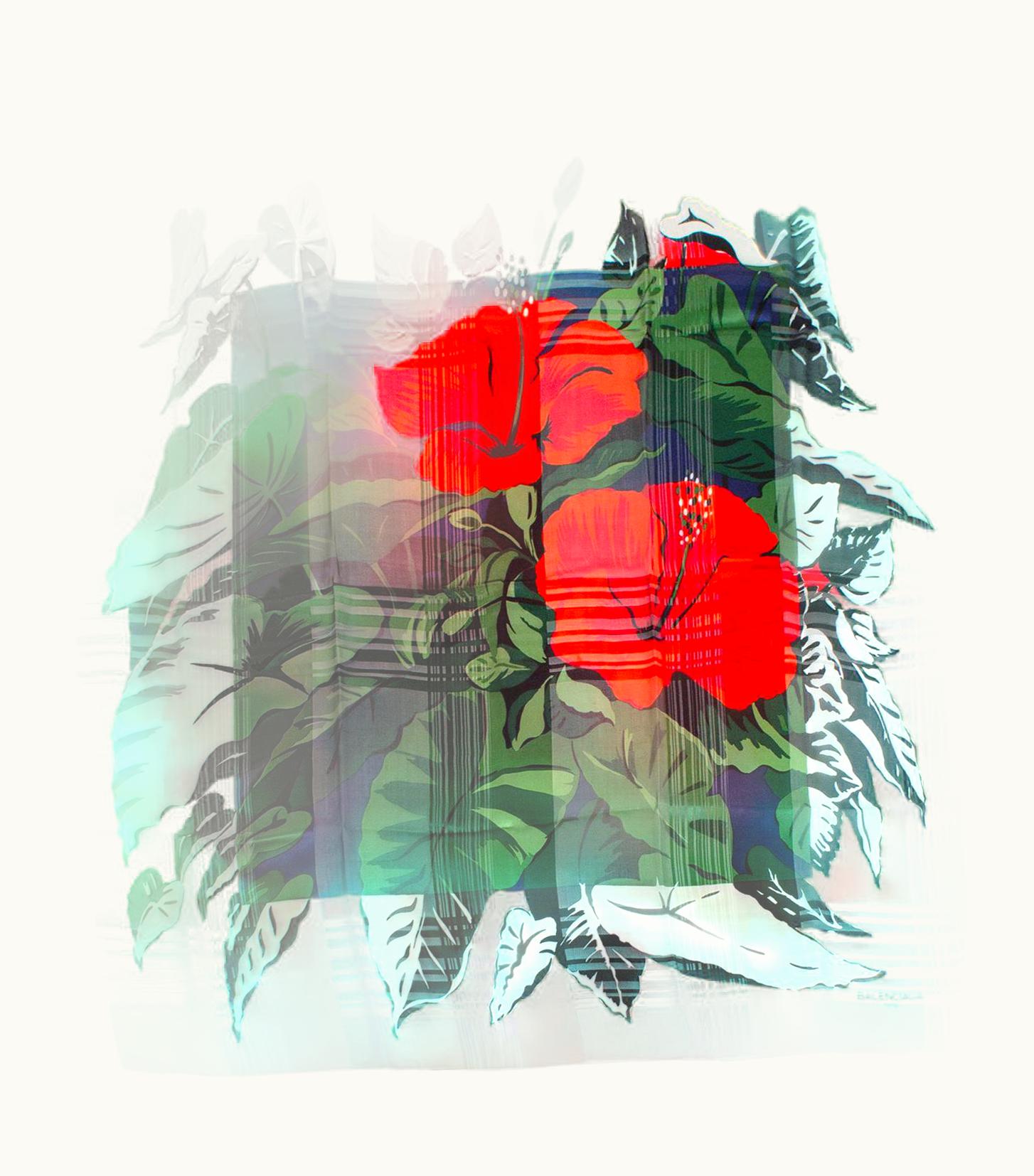 Balenciaga Vintage Balenciaga Red Silk Jacquard Hibiscus Foulard Scarf, 1980s