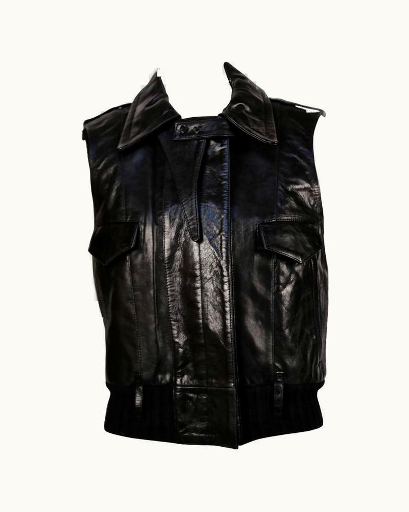 Balenciaga 2002 Balenciaga By Nicolas Ghesquiere Black Leather Runway Vest With Wool Trim