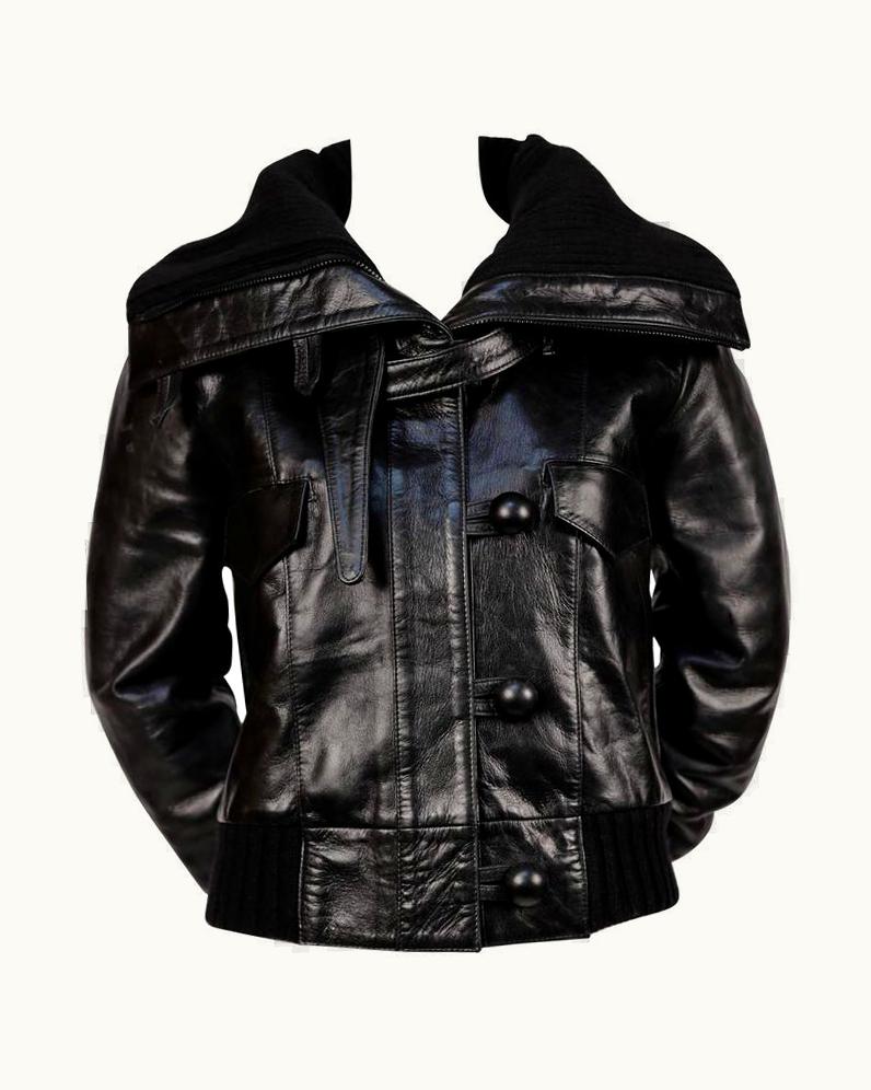 Balenciaga 2002 Balenciaga By Nicolas Ghesquiere Black Leather Runway Coat With Wool Trim