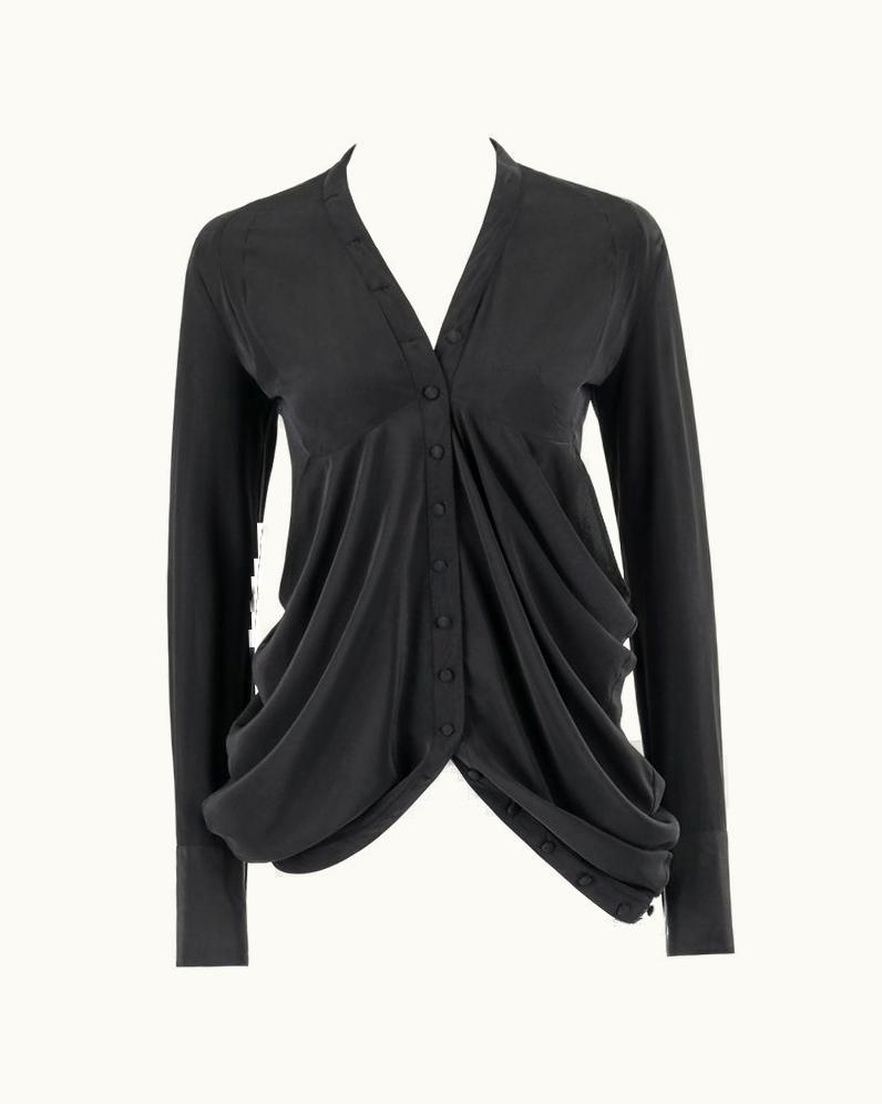 Balenciaga Balenciaga AW 2009 Black Silk Asymmetrical Draped Button Front Blouse Top