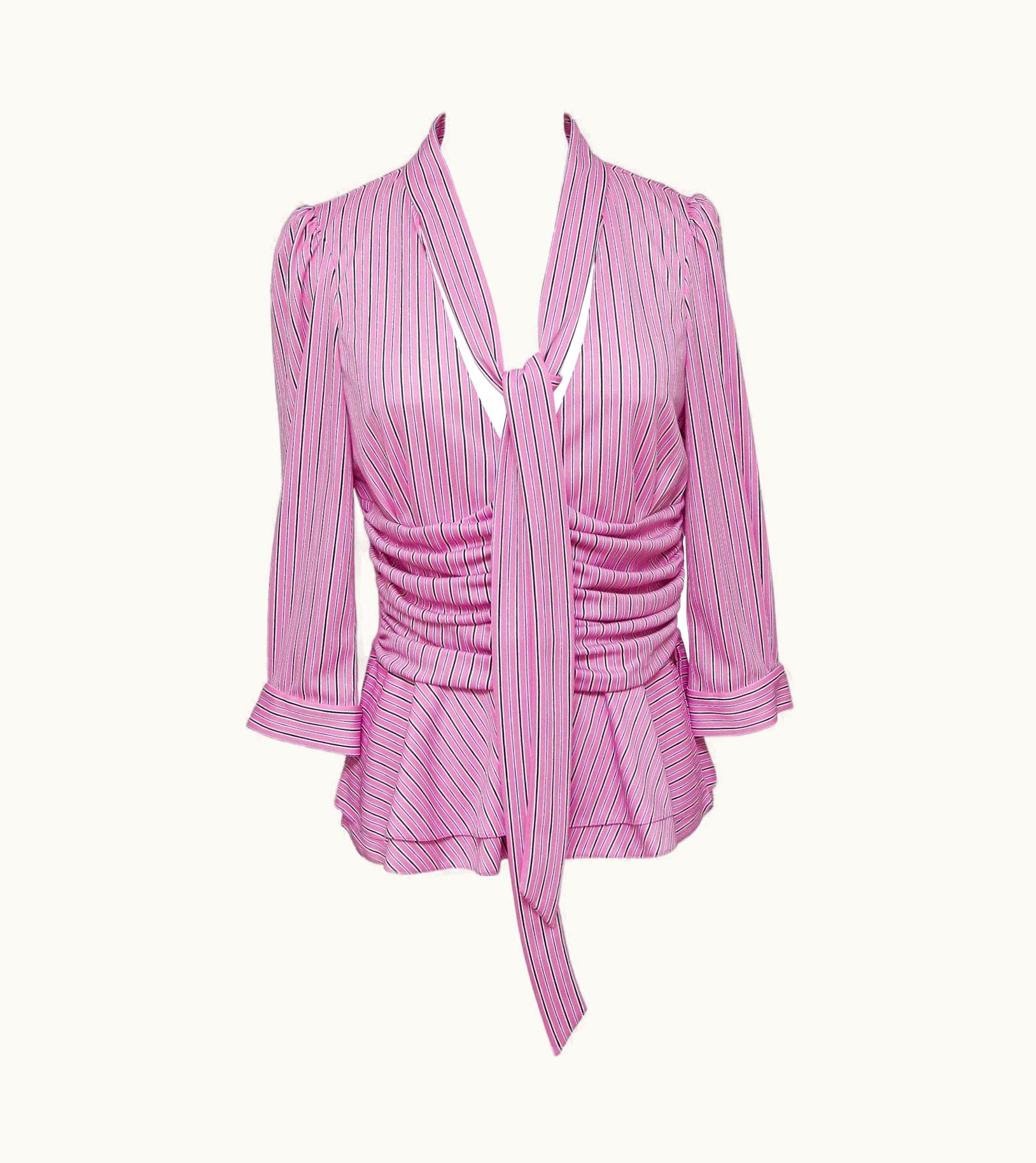 Balenciaga Balenciaga Blouse Top Shirt Striped 3/4 Sleeve Neck Tie Rose White Black 38 Nwt