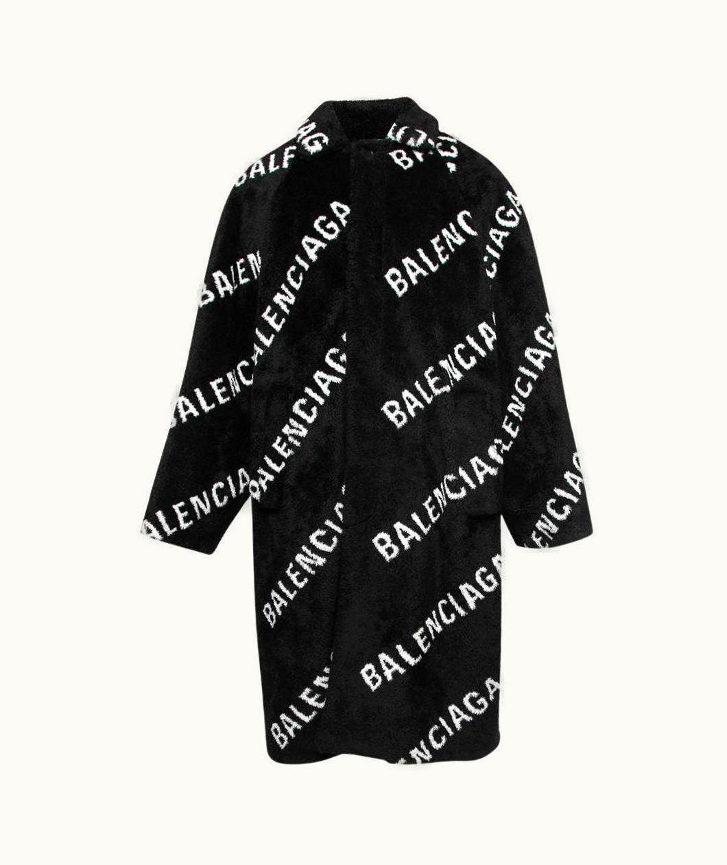 Balenciaga Balenciaga Black All Over Logo Faux Fur Oversized Coat