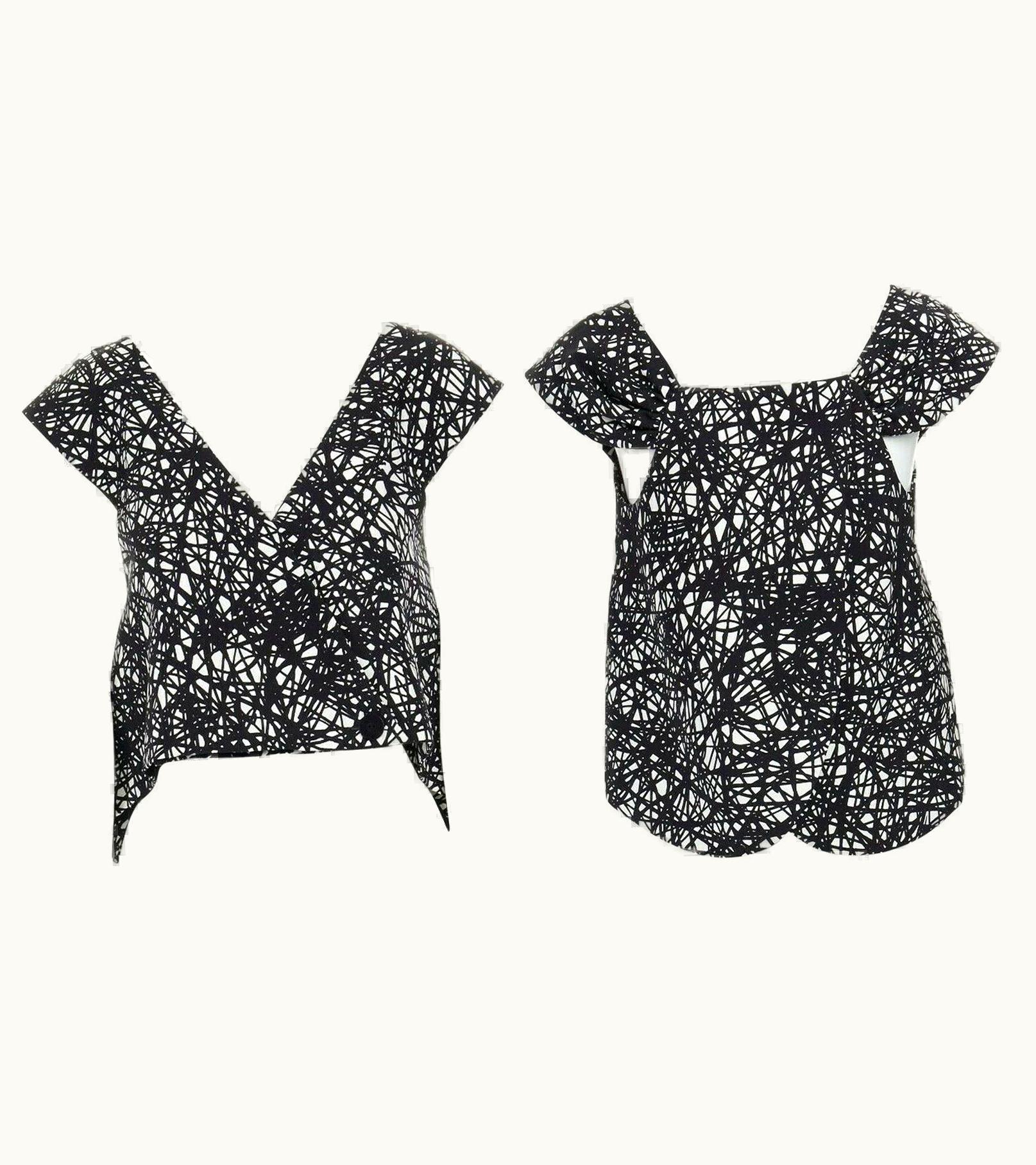 Balenciaga Balenciaga 2013 Black White Scribble Print V-neck Angular Cut Back Crop Top