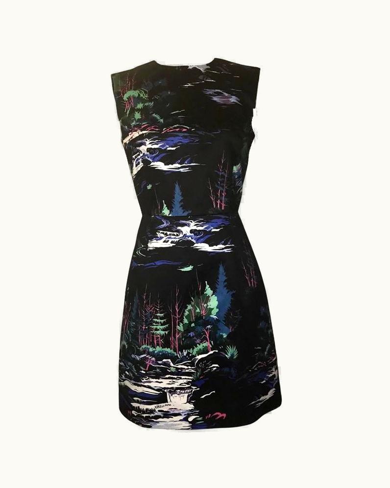 Balenciaga Balenciaga 2014 Black Forest River Wood Bold Print A-Line Cotton Dress