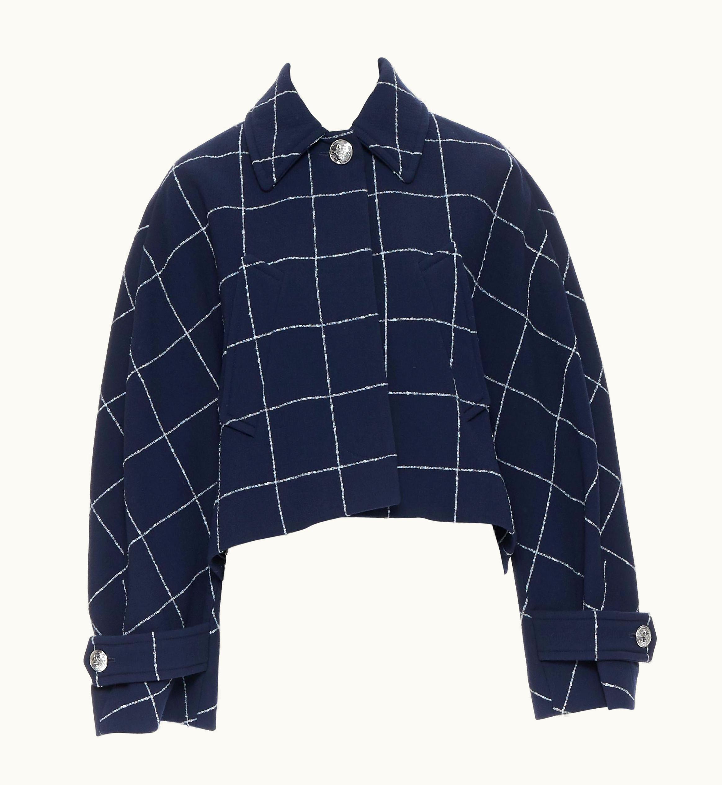 Balenciaga Balenciaga 2016 Navy White Check Wool Blend Cropped Military Jacket