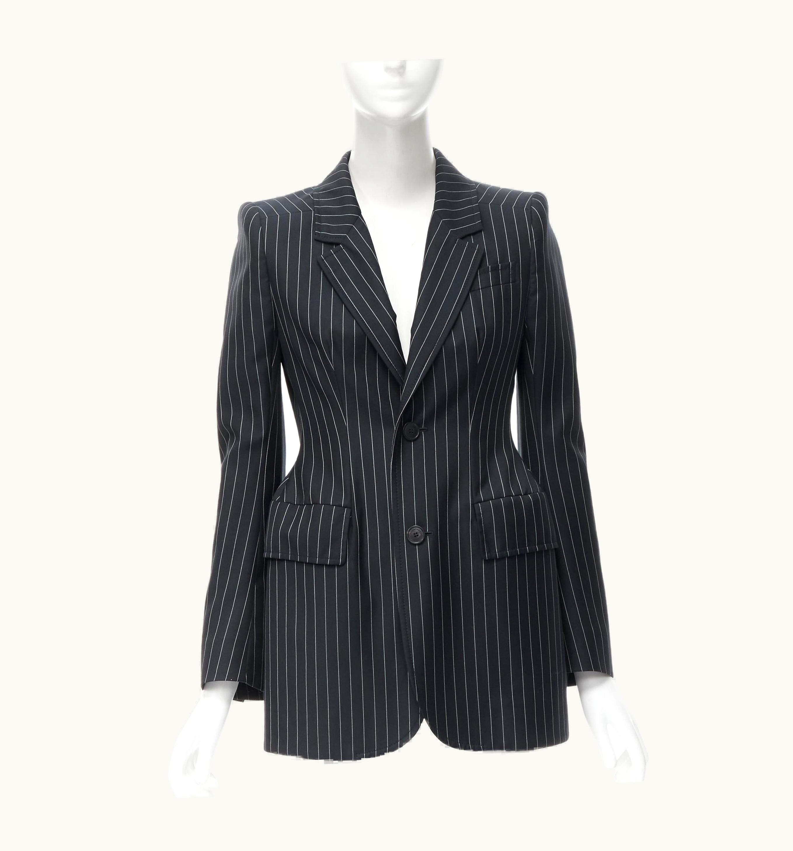 Balenciaga Balenciaga 2018 Hourglass Navy Pinstripe Padded Shoulder Peplum Blazer