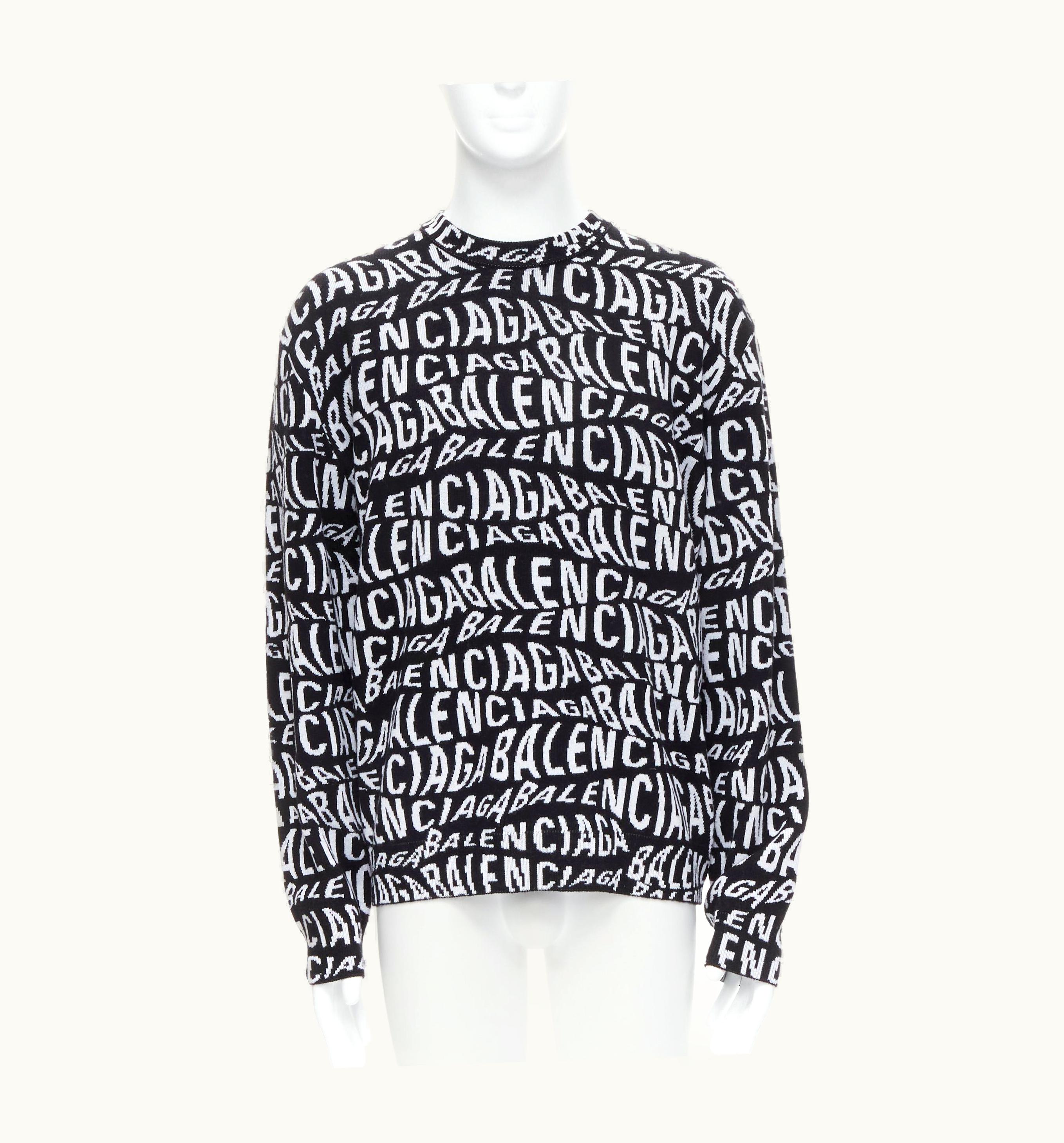 Balenciaga Balenciaga 2019 Logo Wave Optical Illusion Black White Wool Sweater Pull UZ0589302