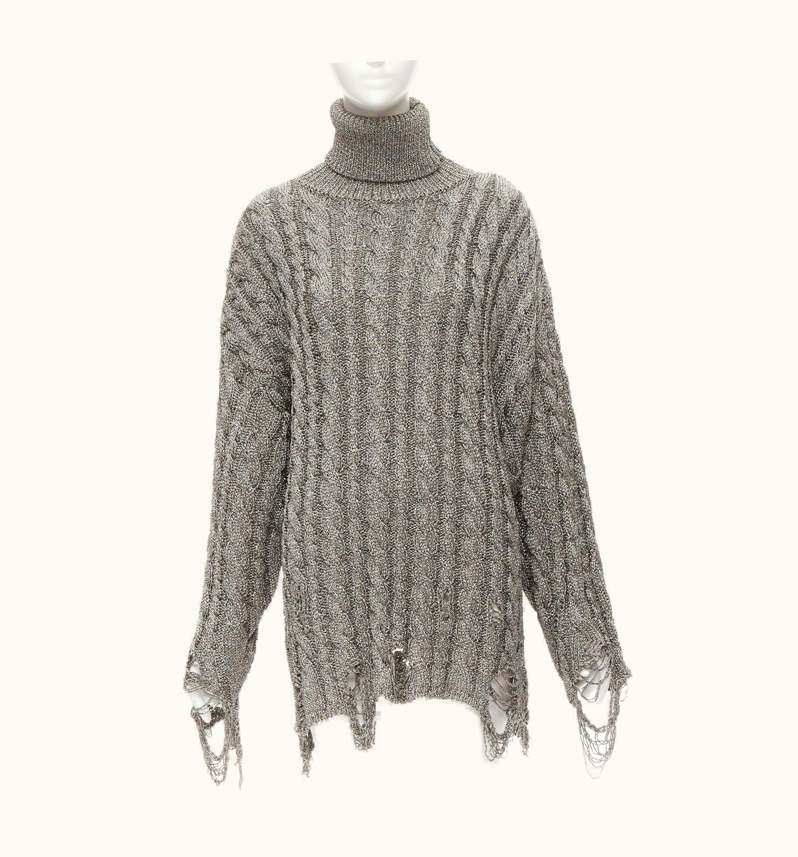 Balenciaga Balenciaga 2020 Demna Metallic Silver Distressed Hem Turtleneck Sweater