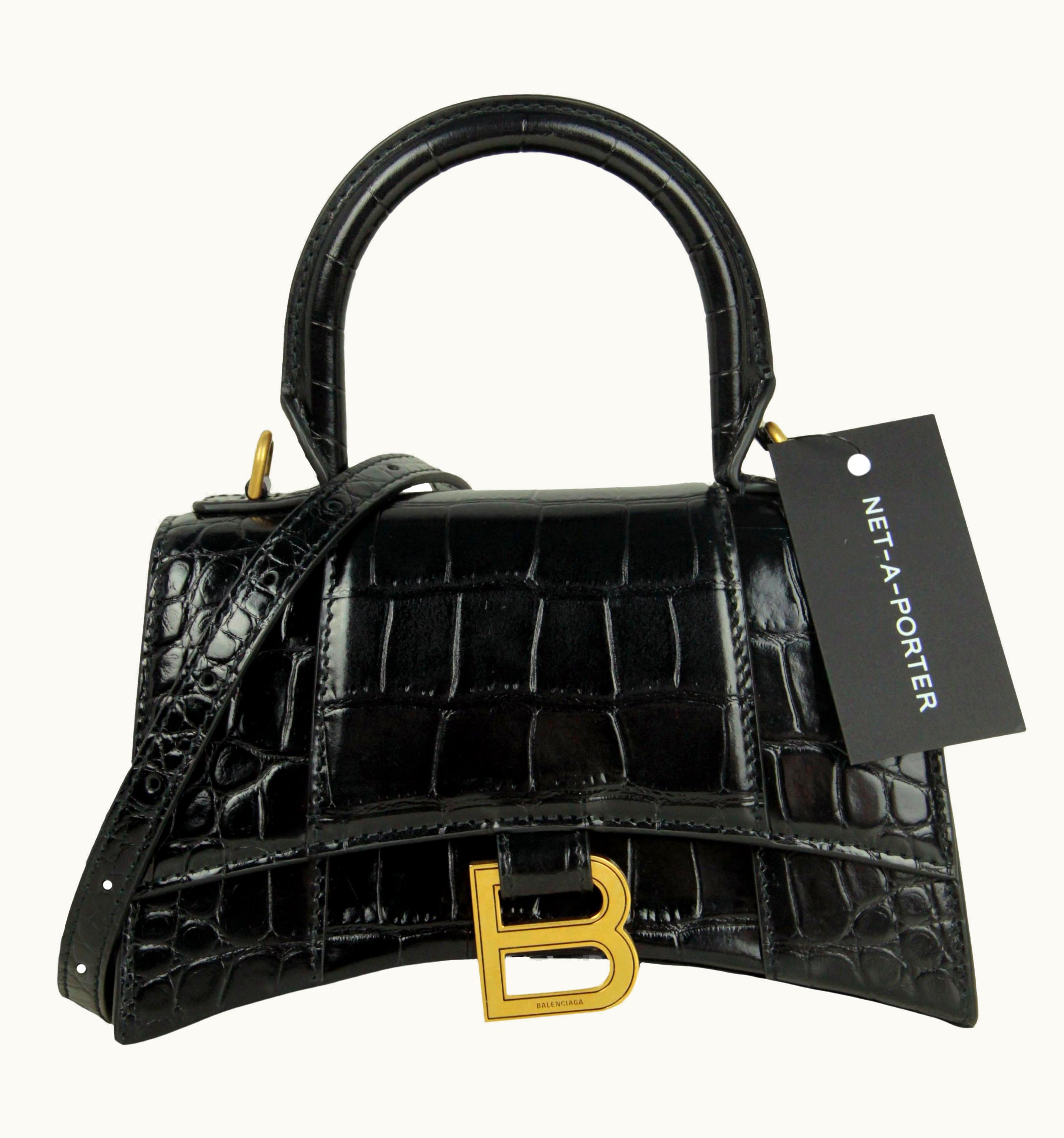 Balenciaga Balenciaga Black Embossed Crocodile Hourglass Top Handle Crossbody Bag