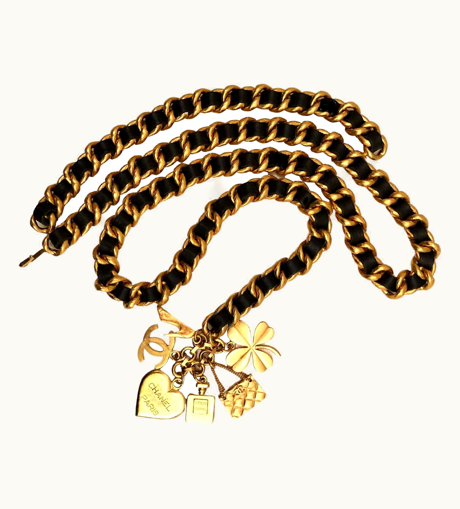 Chanel 1990s Vintage Chanel Gold Toned Chain Leather Charm Belt Heart Clover Perfume