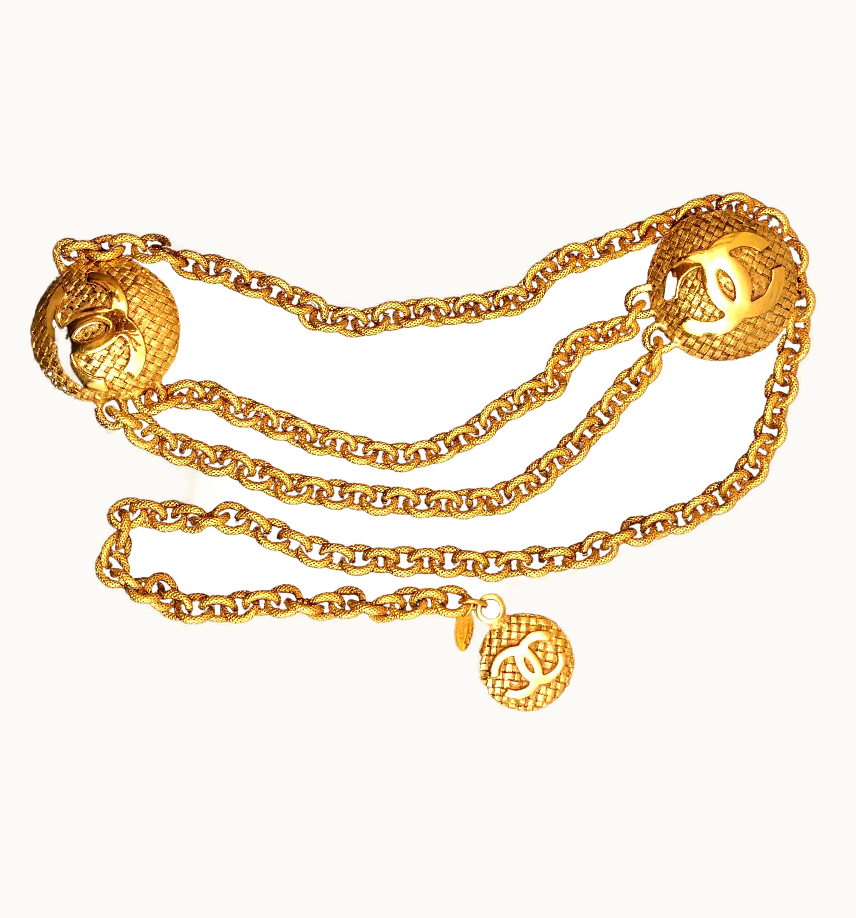 Chanel 1980s Vintage Chanel Gold Toned Tweed Medallion Chain Belt