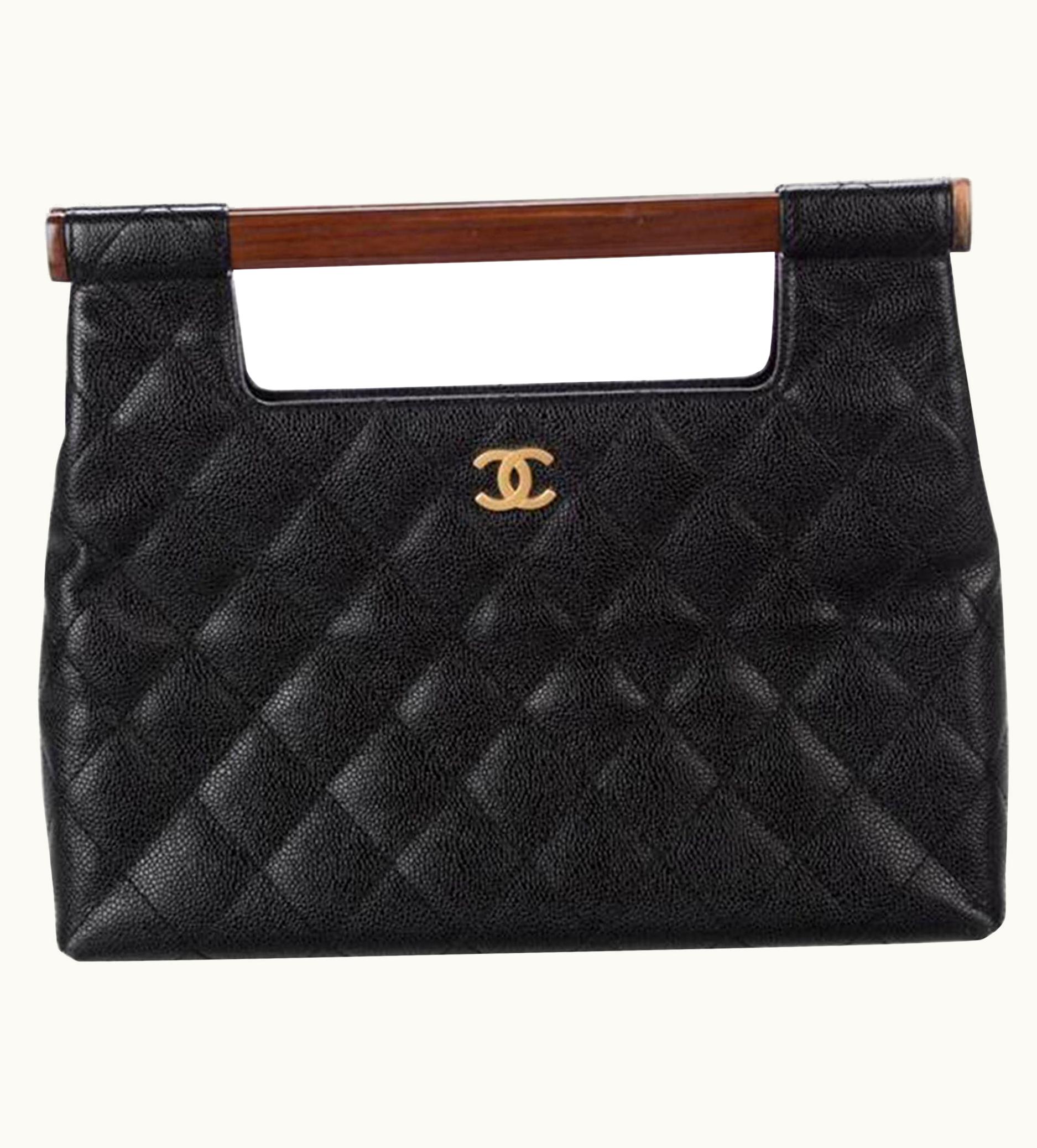 Chanel Chanel Wood Top Handle Rare Vintage Black Caviar Leather Clutch