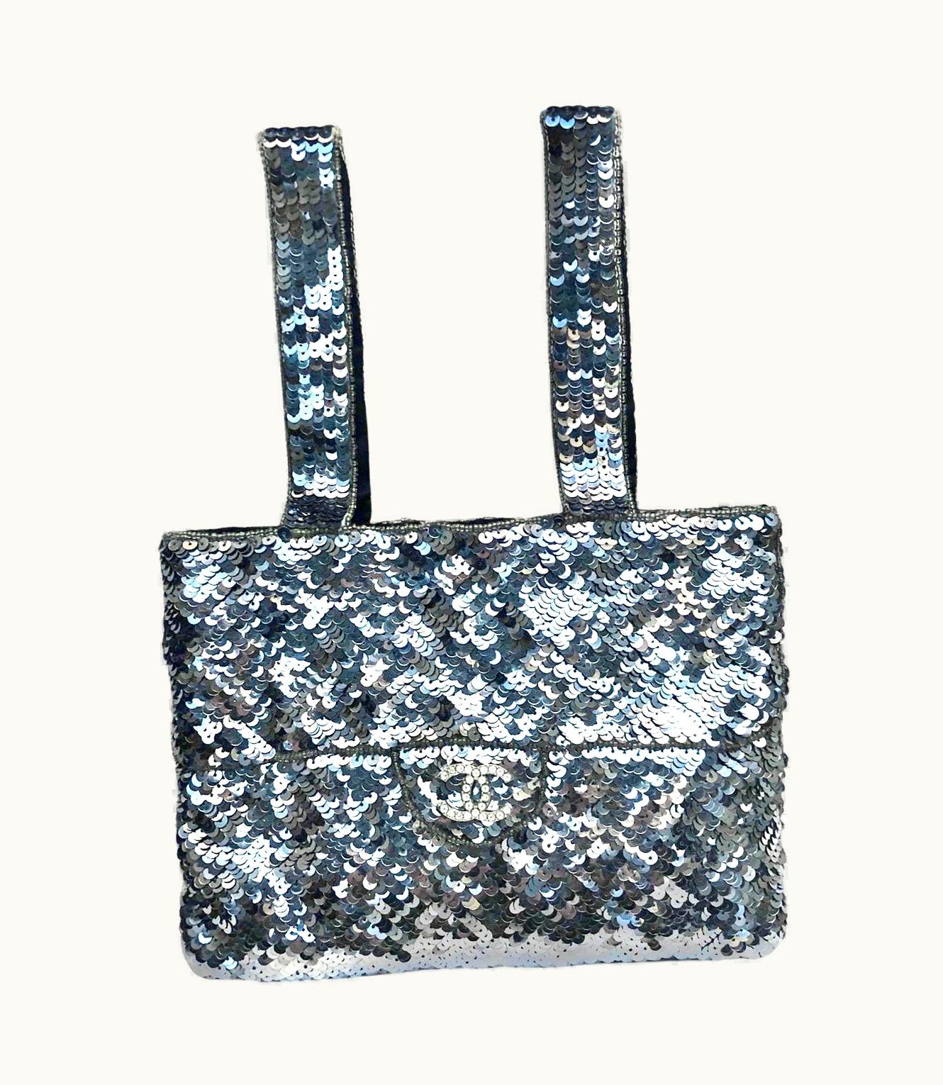 Chanel Chanel Silver Sequins And Silk Clutch Hand Bag