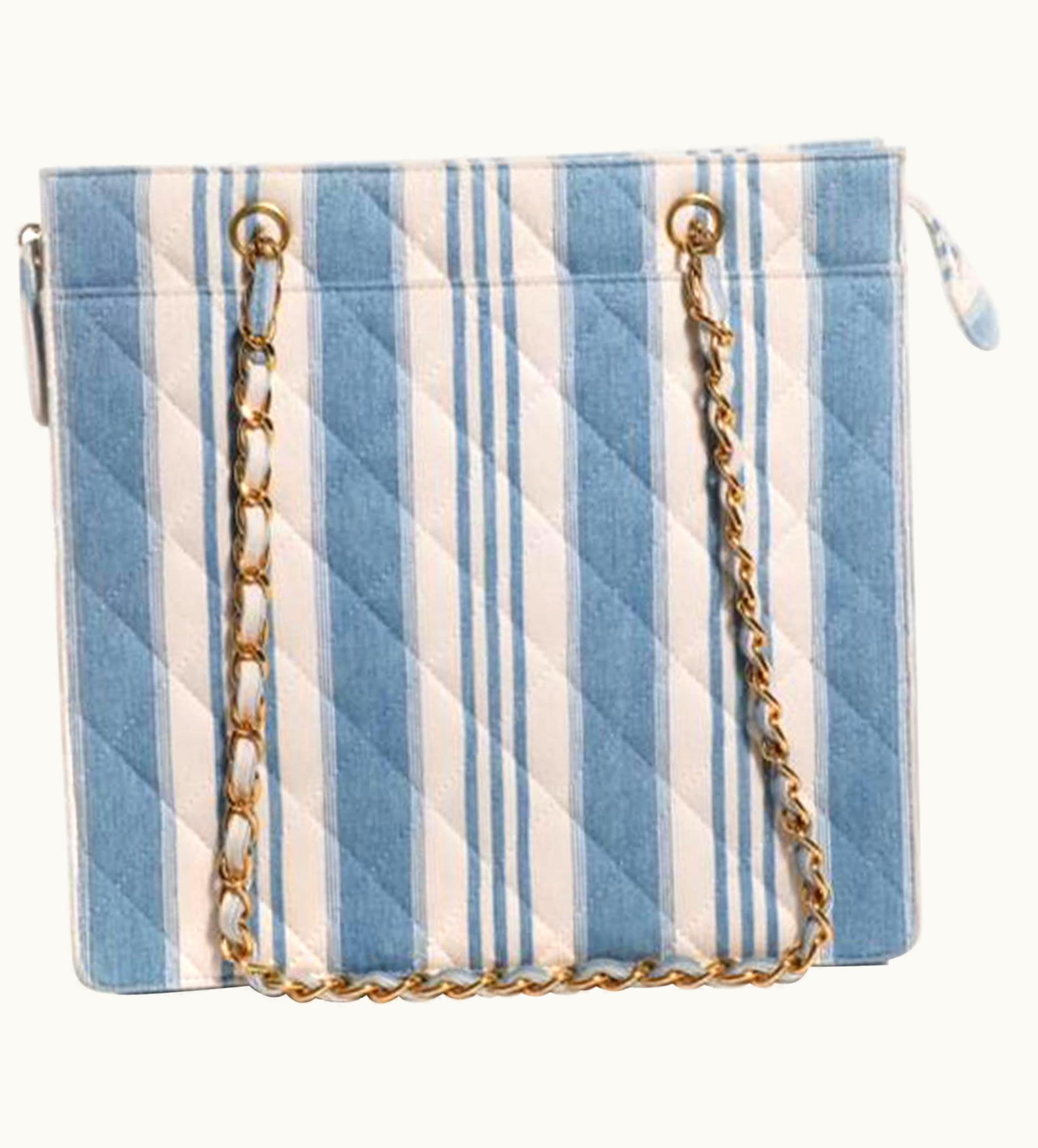 Chanel Chanel Vintage 90s Mini Striped Light Blue Denim Tote Shoulder Bag Shopping Tote