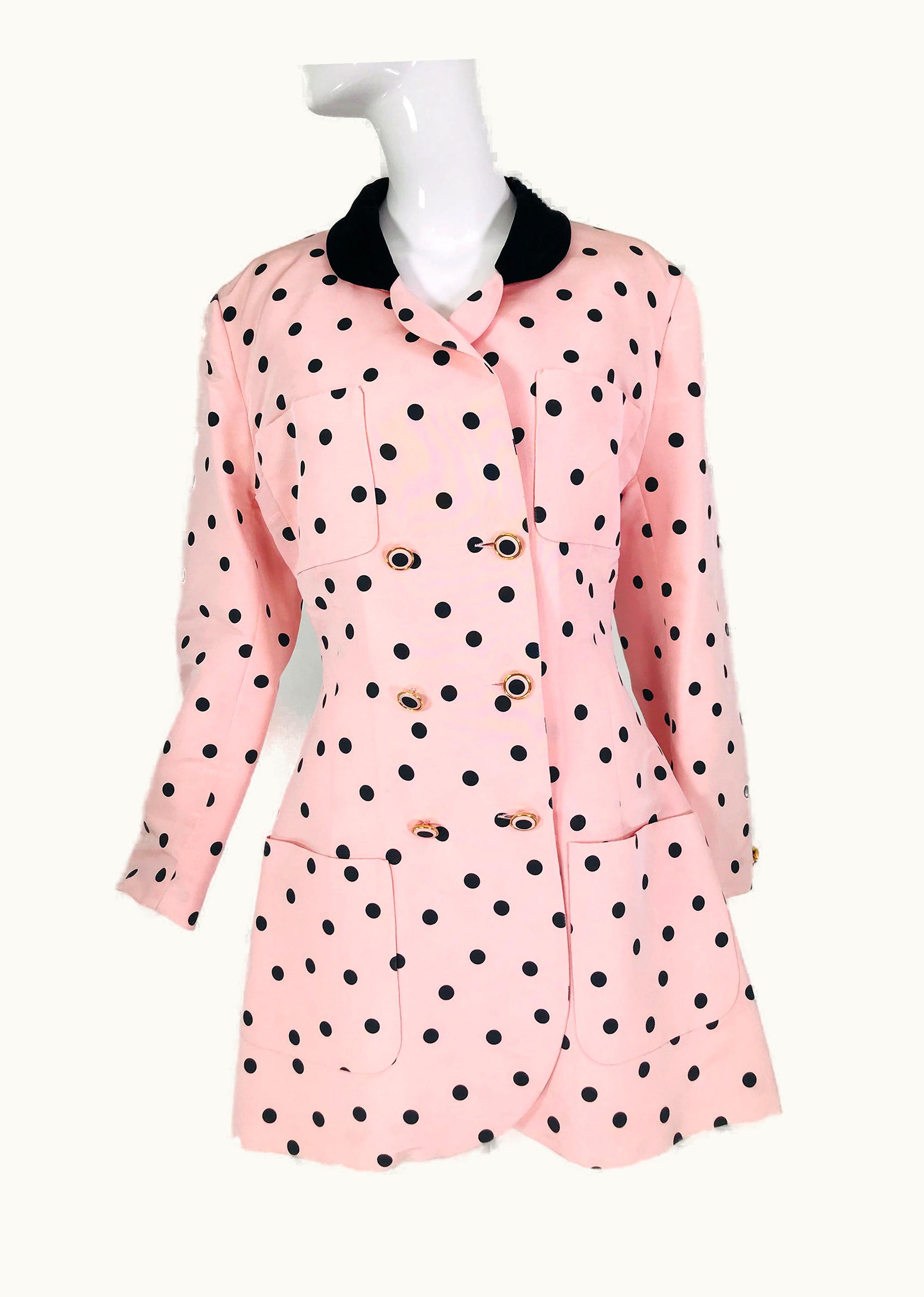 Chanel Chanel Fitted Silk Faille Pink & Black Dot Jacket 1990s