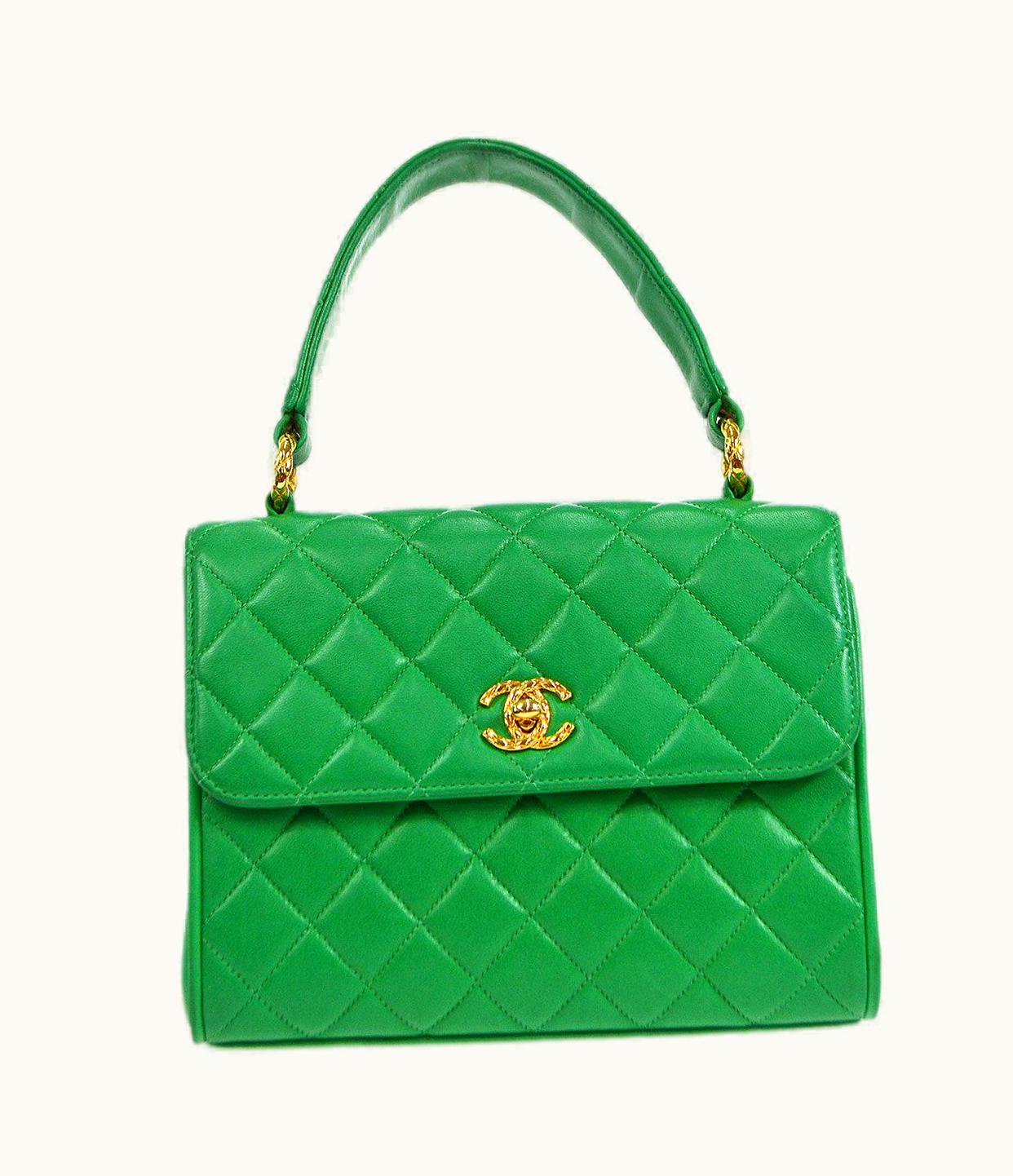 Chanel Chanel Emerald Green Lambskin Leather Gold Small Top Handle Evening Flap Bag