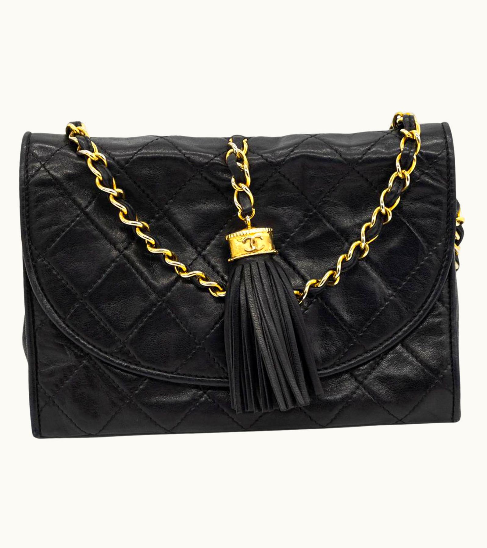 Chanel Chanel Black Quilted Lambskin Leather Tassel Bag With 24kt Hardware