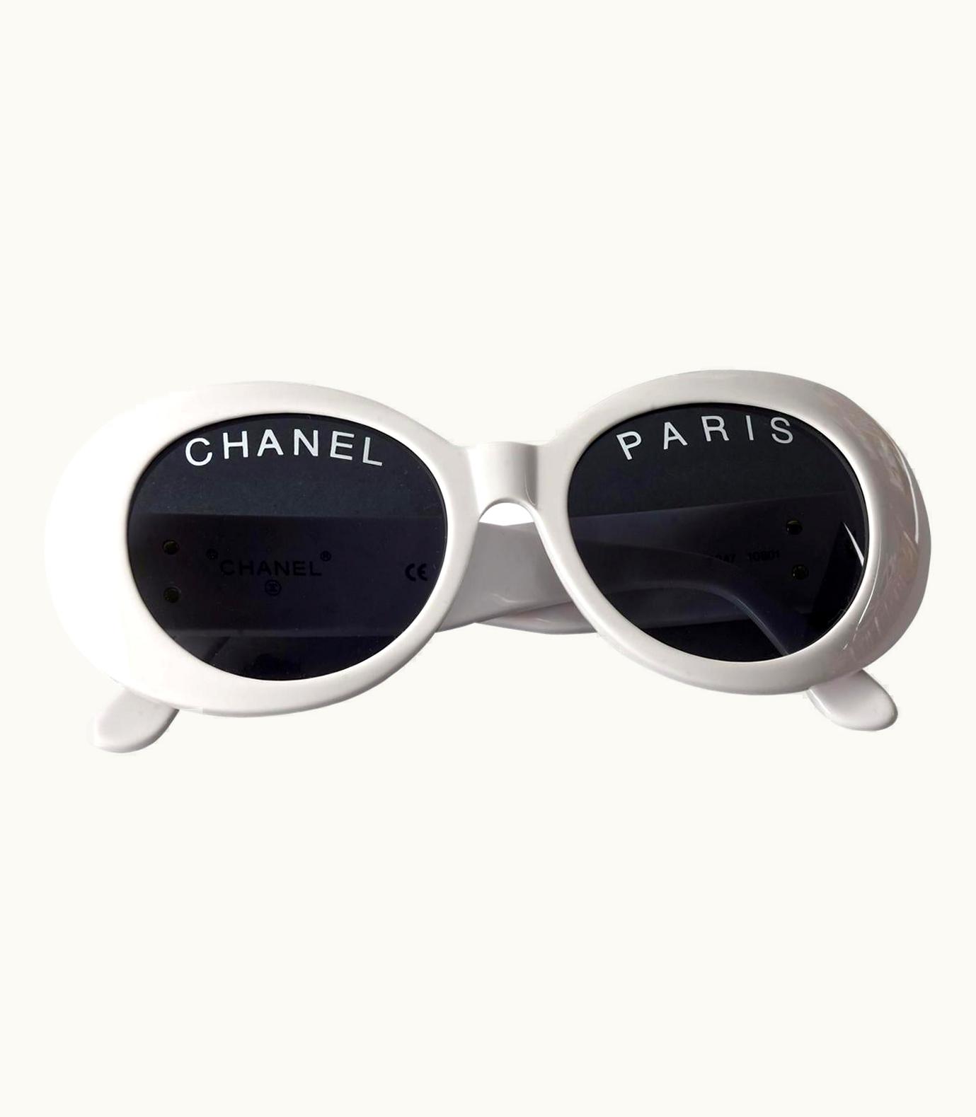 Chanel Vintage 1993 Iconic Chanel Paris Spelled White Sunglasses