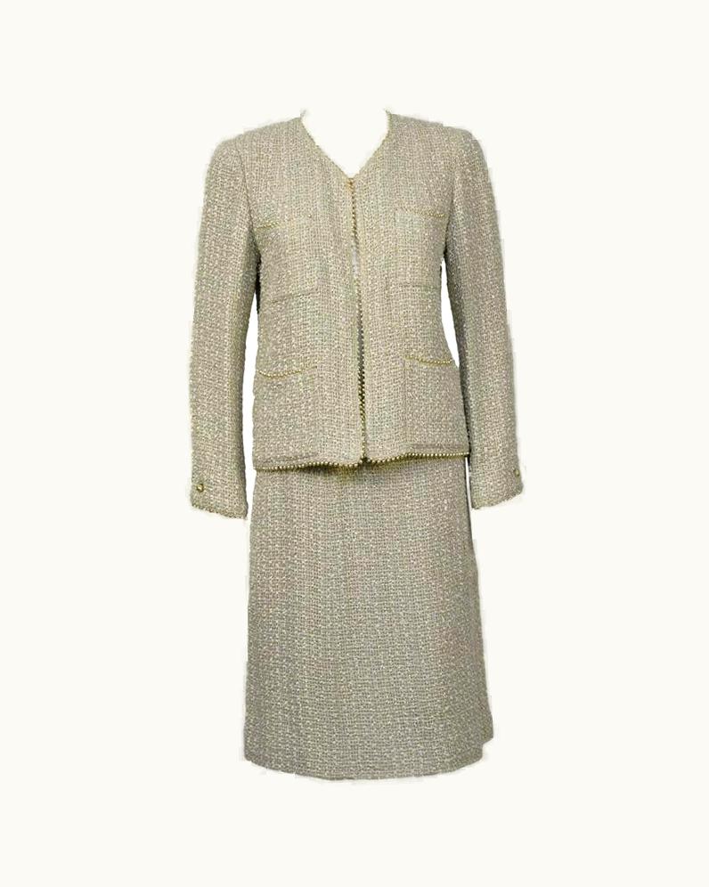 Chanel Spring 1999 Chanel Pearl Trim Boucle Skirt Suit