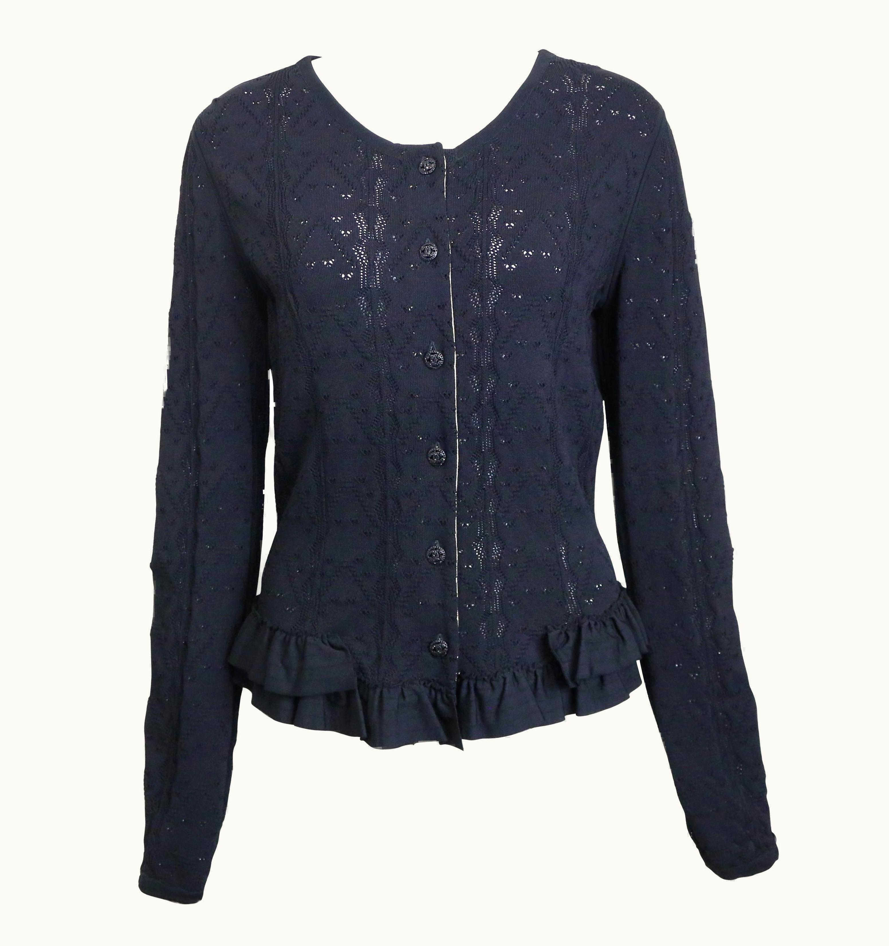 Chanel 2008 Chanel Black Crochet Knit And Ruffle Bottom Cardigan