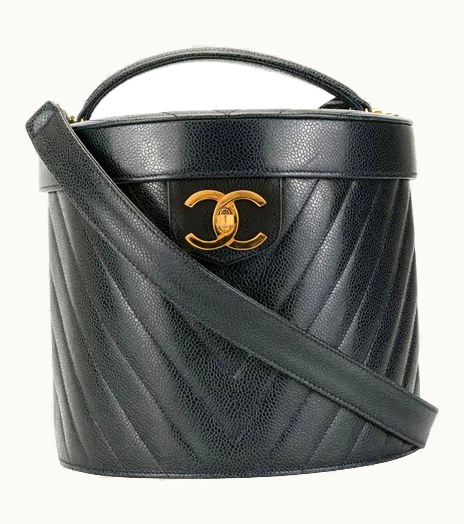 Chanel Chanel Vanity Case Rare Vintage 90' Chevron Train Top Handle Black Caviar Bag