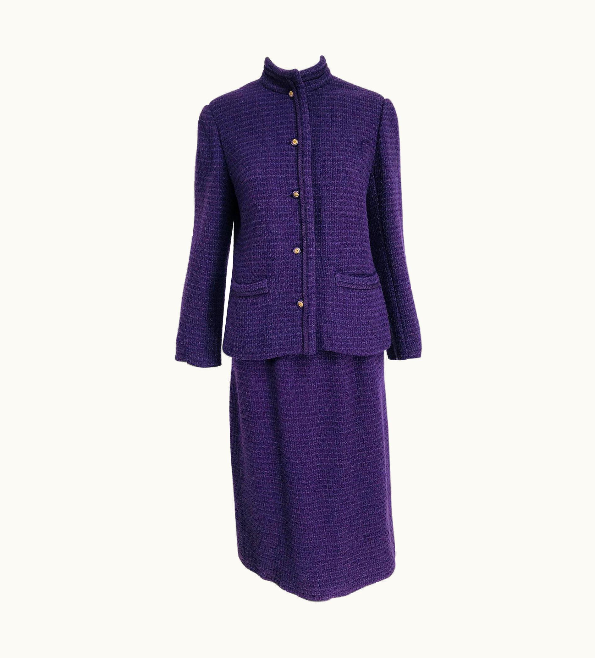 Chanel Vintage Chanel Creations Textured Purple Wool Skirt Suit 1970s