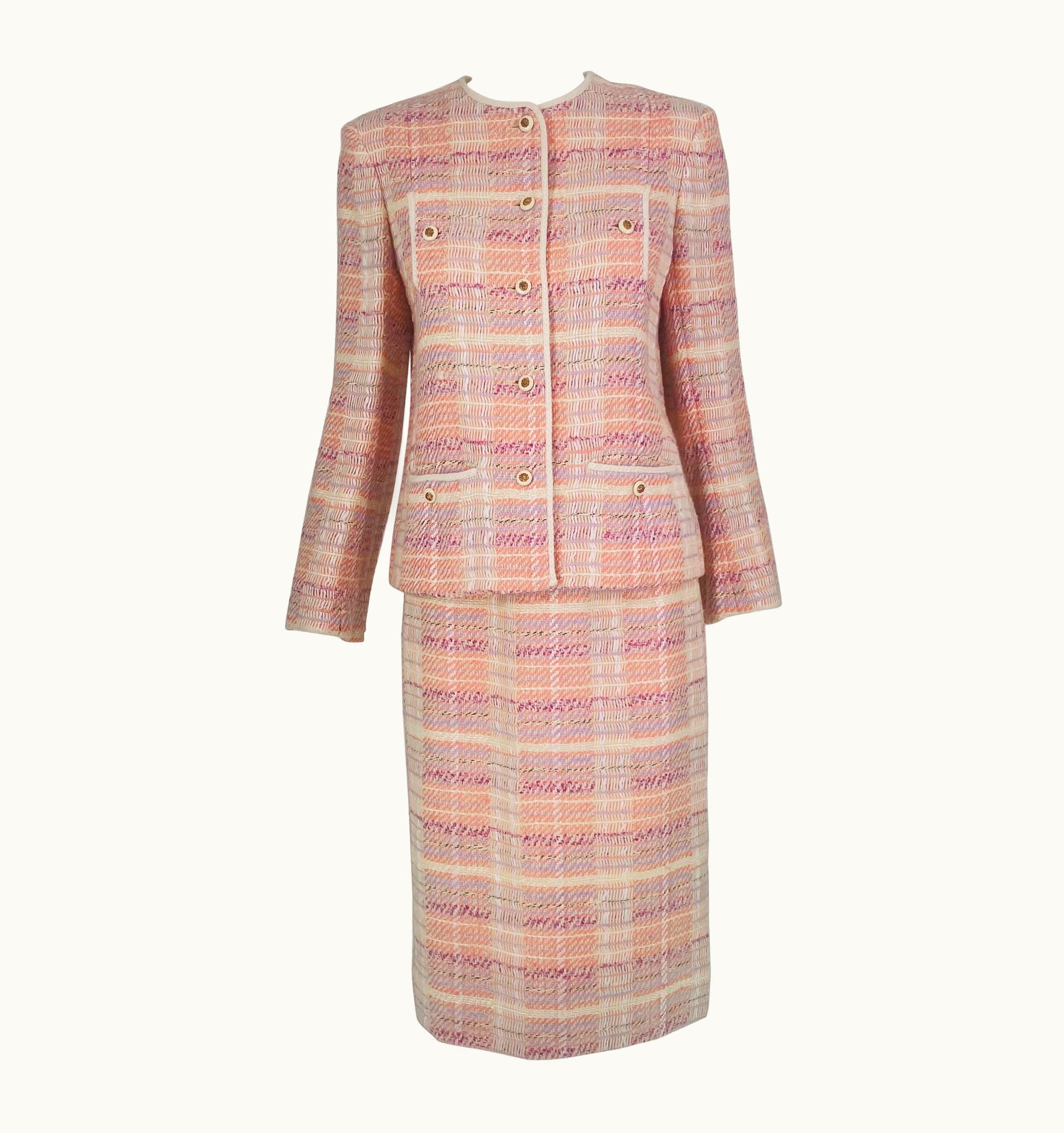 Chanel Chanel Creations Pastel Peach Cream Lavender Tweed Skirt Suit 1970s