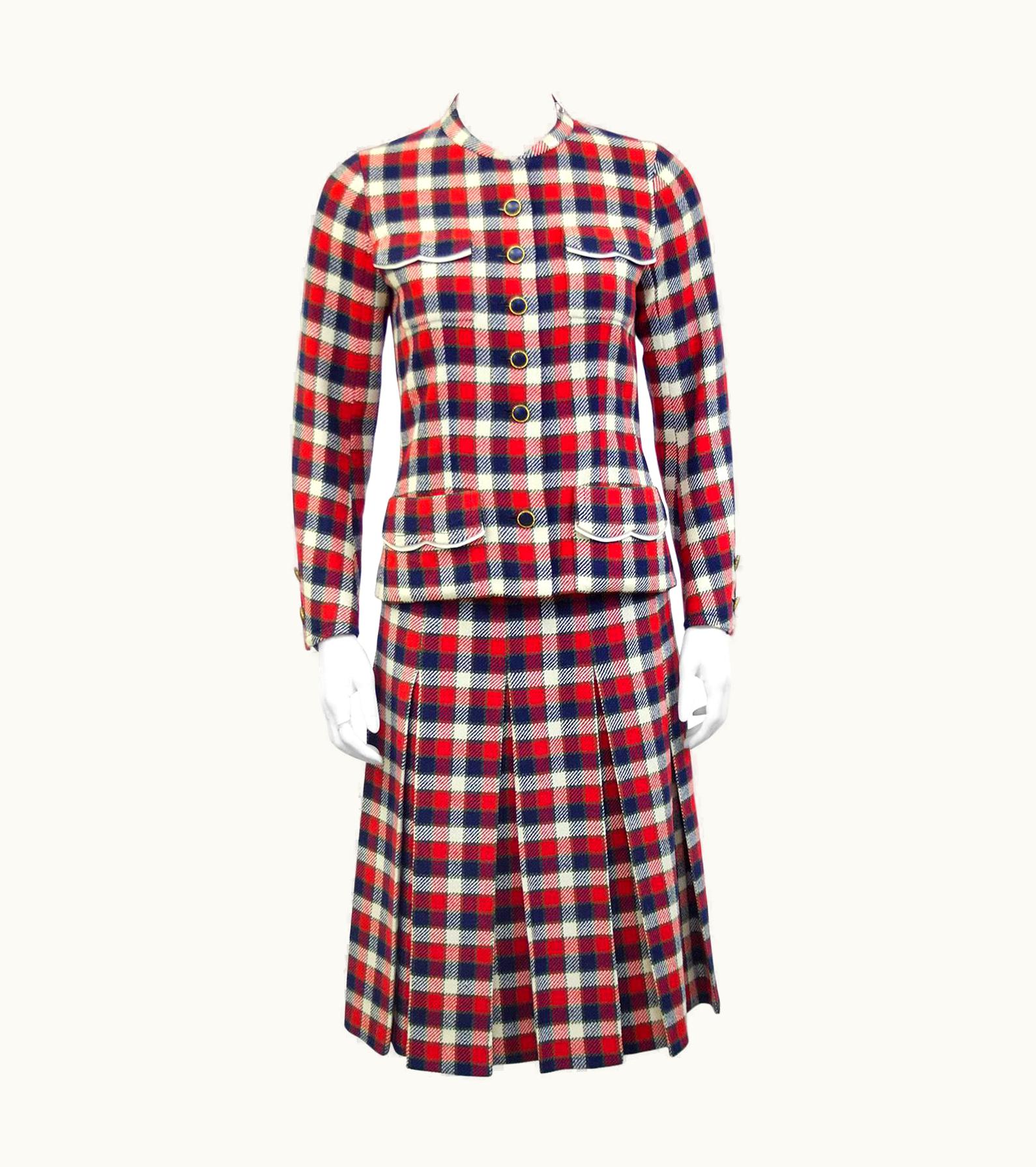 Chanel 1970' Chanel Haute Couture Red, Cream And Navy Blue Skirt Suit